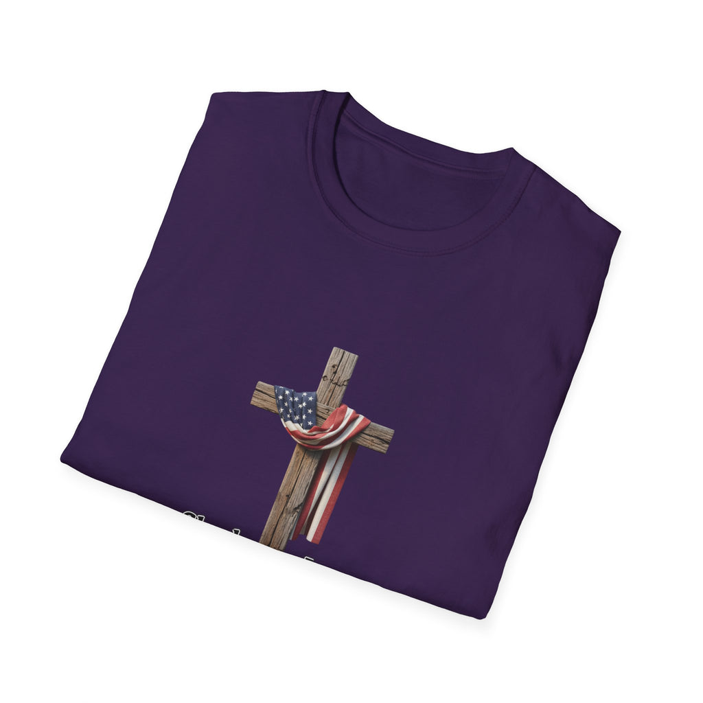 Christian Patriotic T-Shirt - "She loves Jesus and America, too" Cross Design