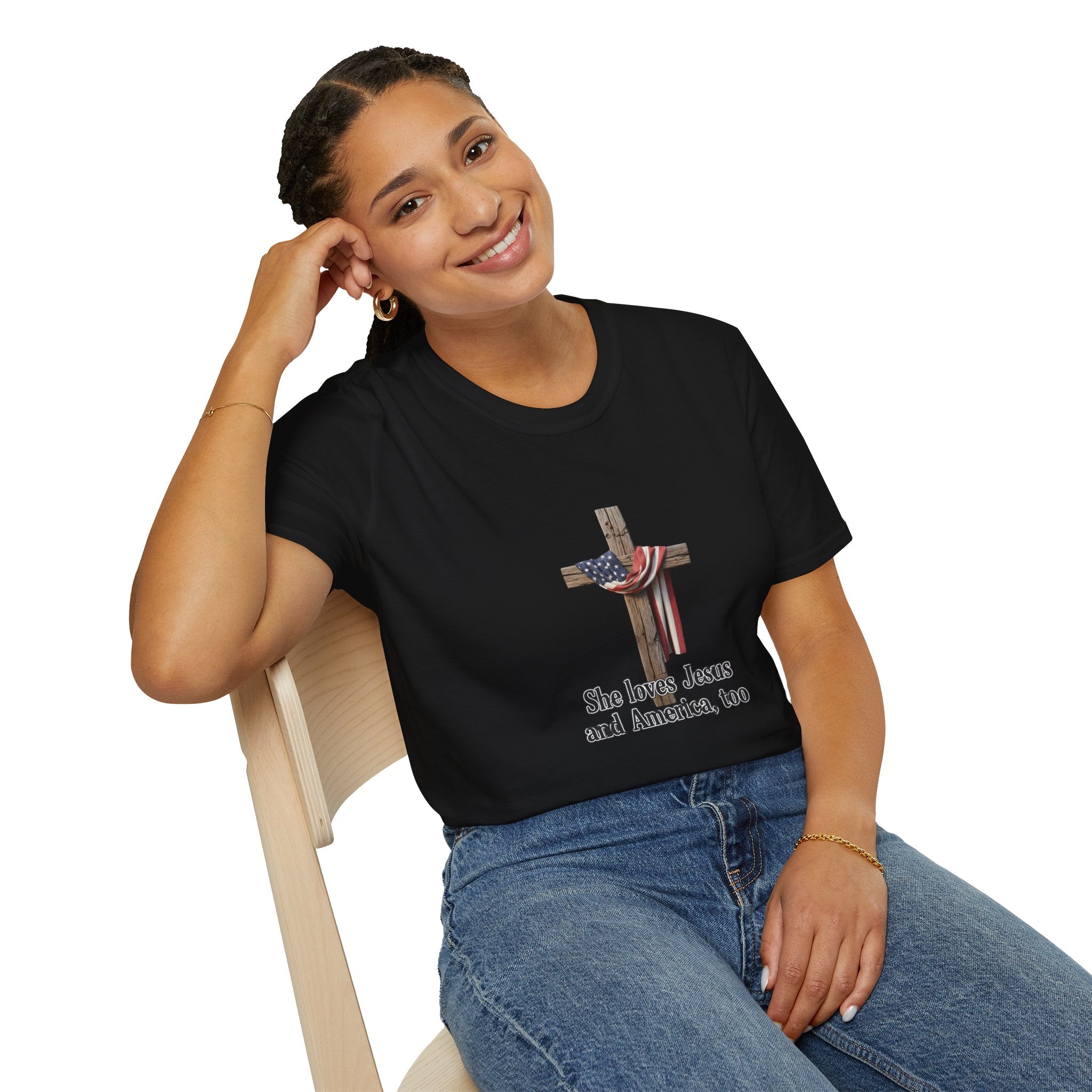 Christian Patriotic T-Shirt - "She loves Jesus and America, too" Cross Design
