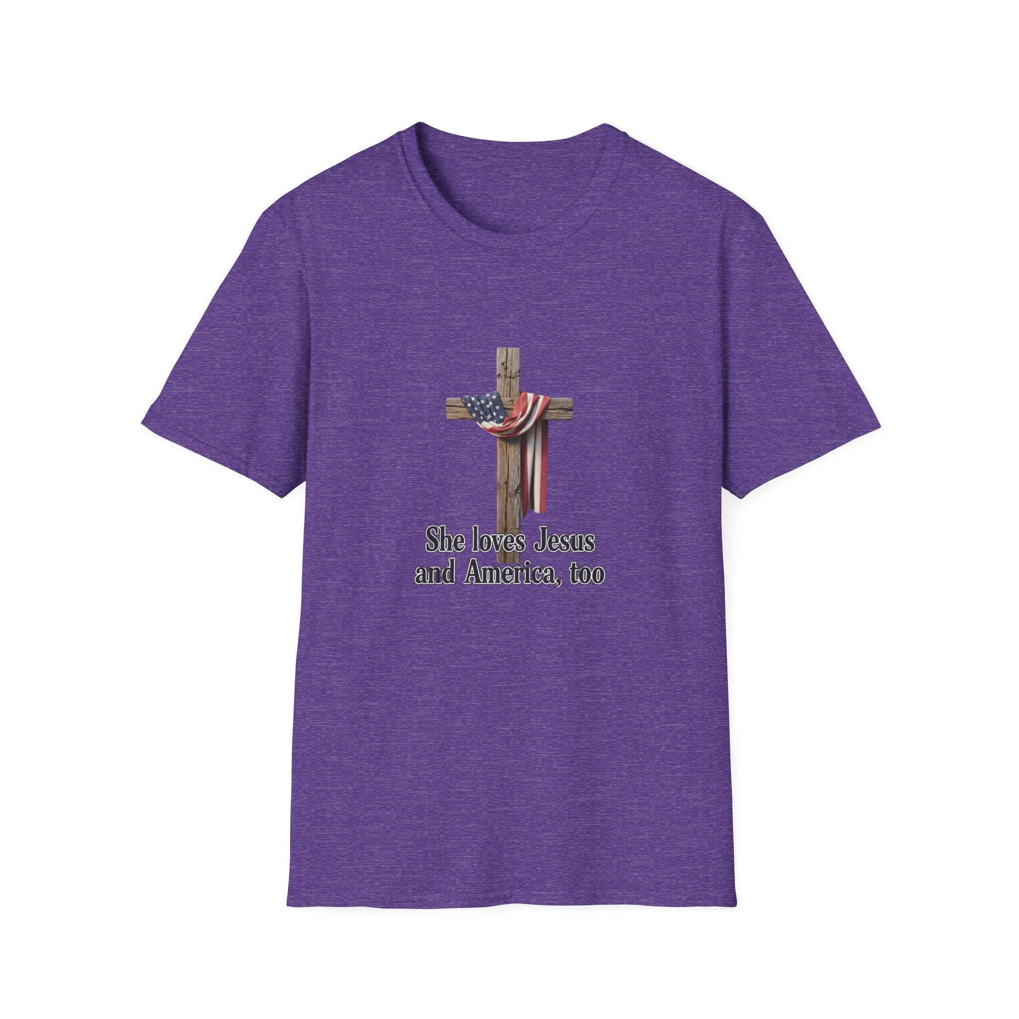 Christian Patriotic T-Shirt - "She loves Jesus and America, too" Cross Design