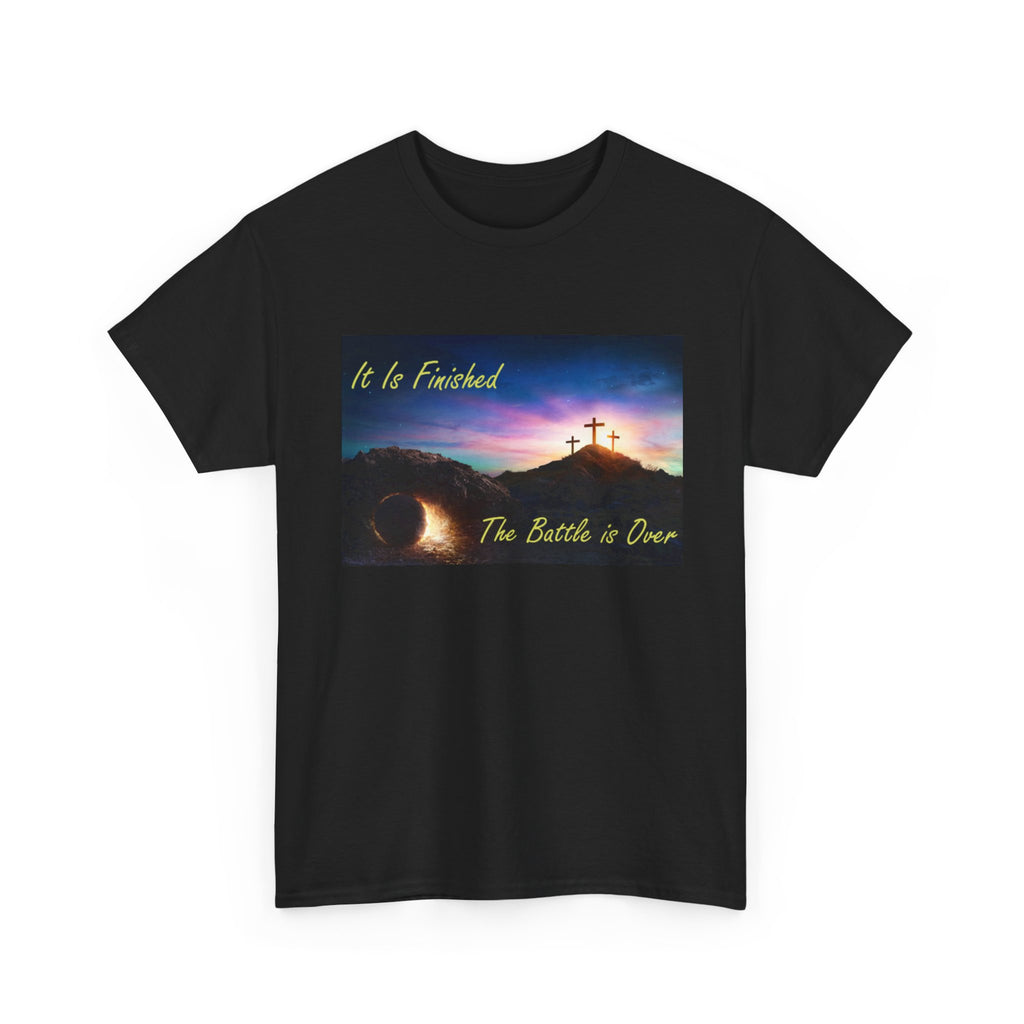 T-Shirt – 'It Is Finished / The Battle is Over' Christian Cross Sunset Tee