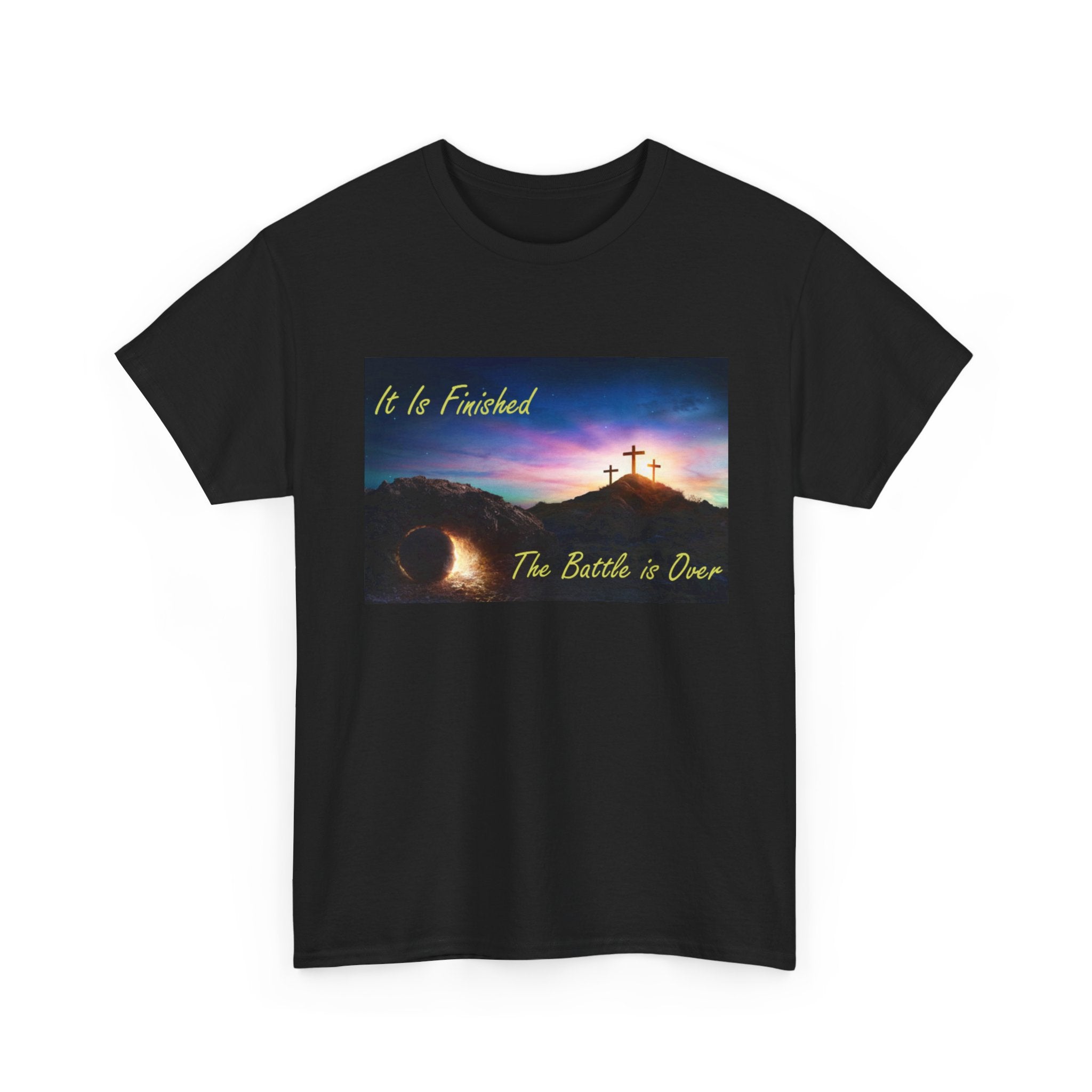T-Shirt – 'It Is Finished / The Battle is Over' Christian Cross Sunset Tee