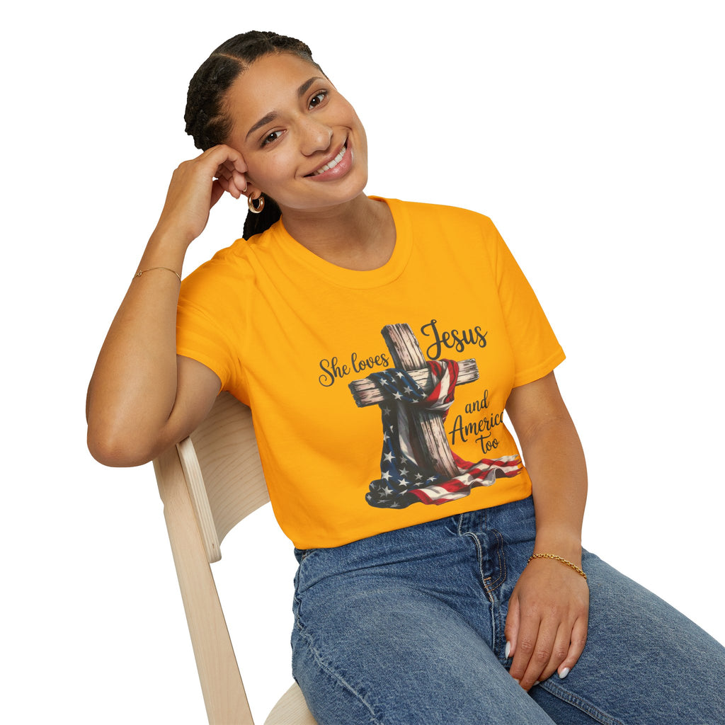 Jesus and America T-Shirt - 'She Loves Jesus and America Too' Patriotic Christian Tee
