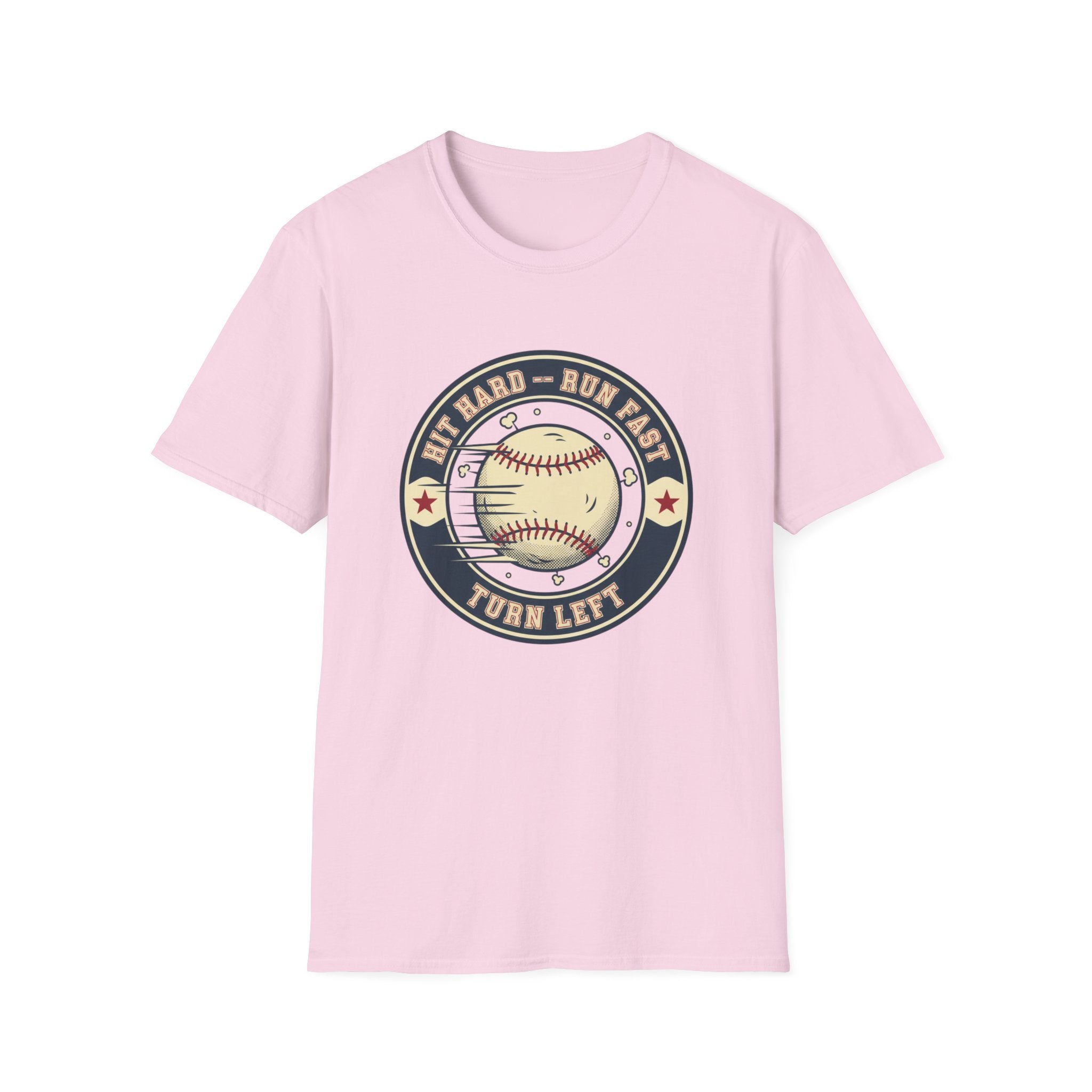 Baseball Tee — “Hit Hard • Run Fast • Turn Left” Vintage Softball Graphic Shirt