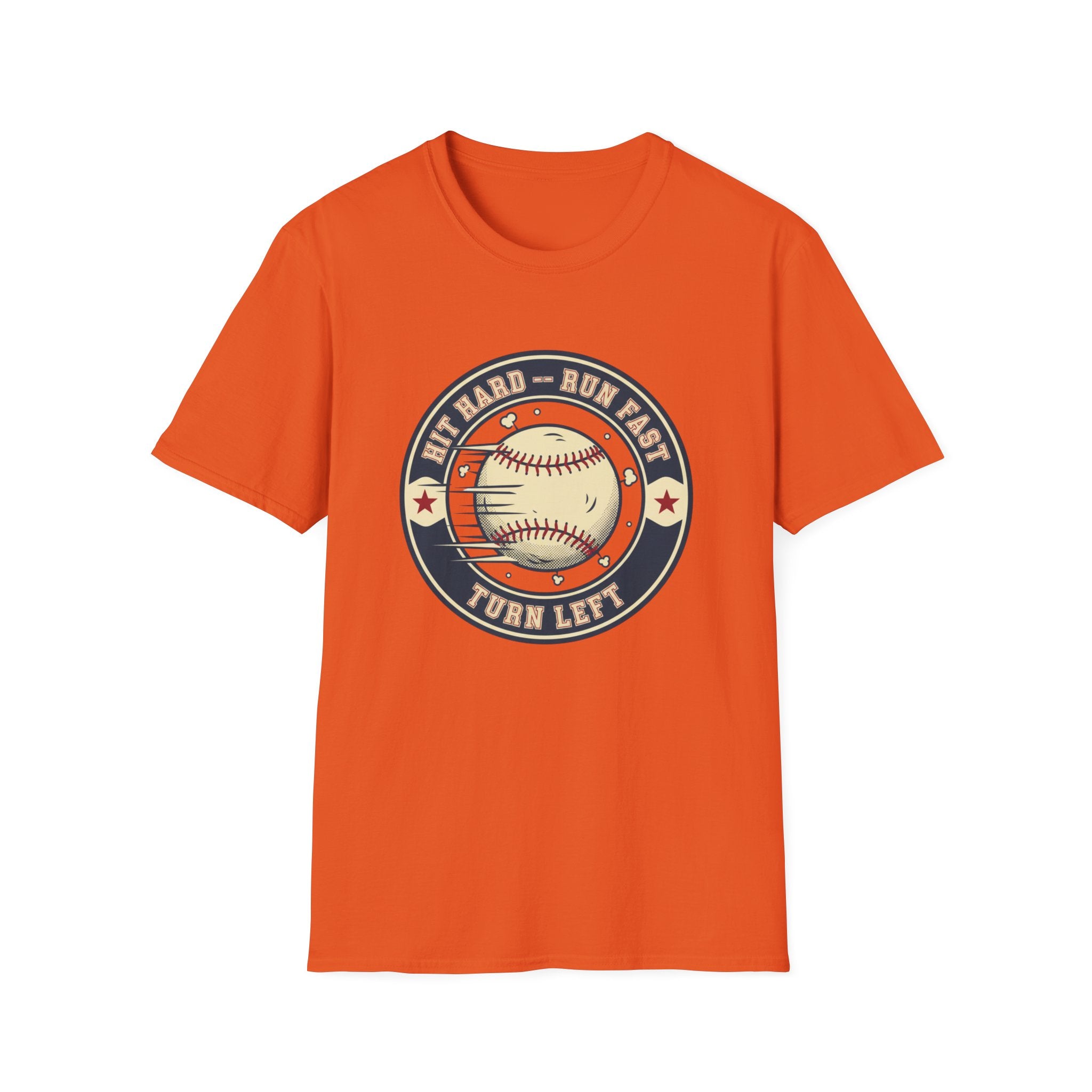Baseball Tee — “Hit Hard • Run Fast • Turn Left” Vintage Softball Graphic Shirt