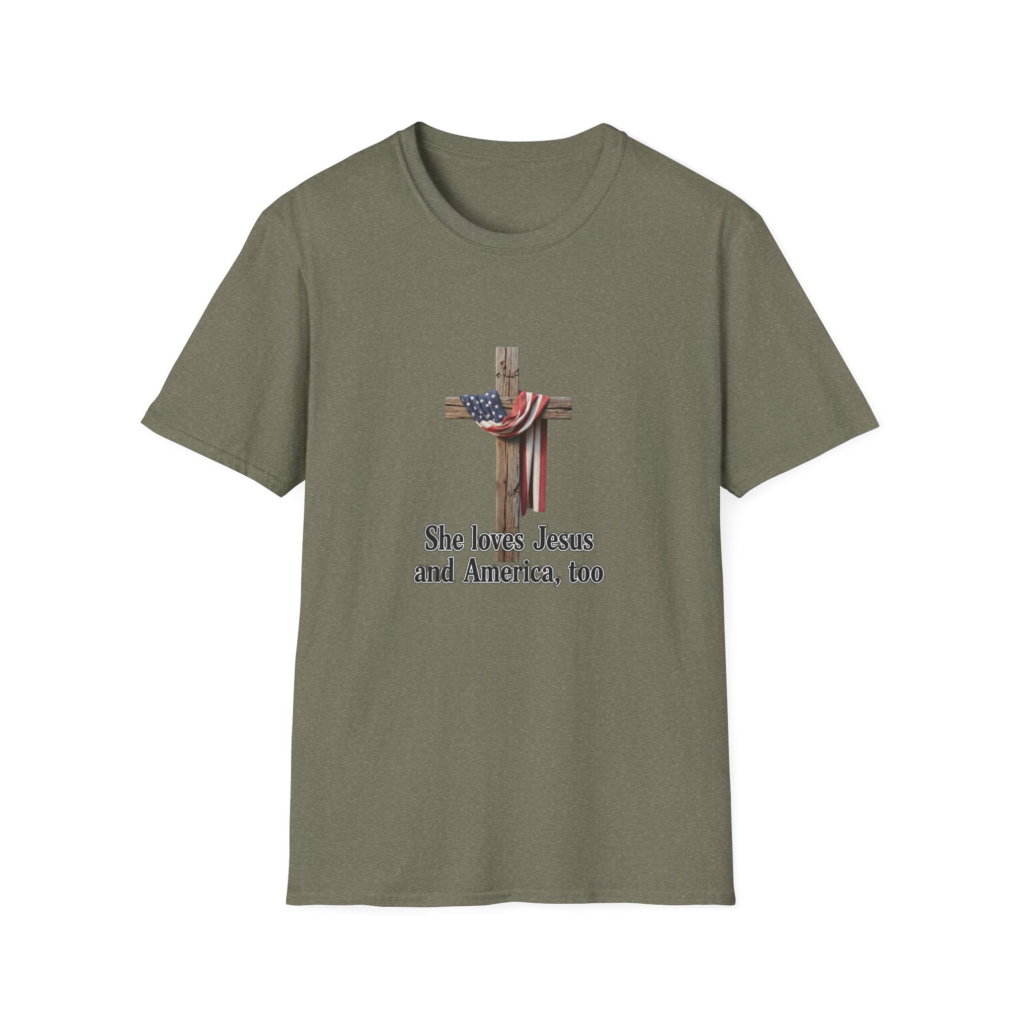 Christian Patriotic T-Shirt - "She loves Jesus and America, too" Cross Design