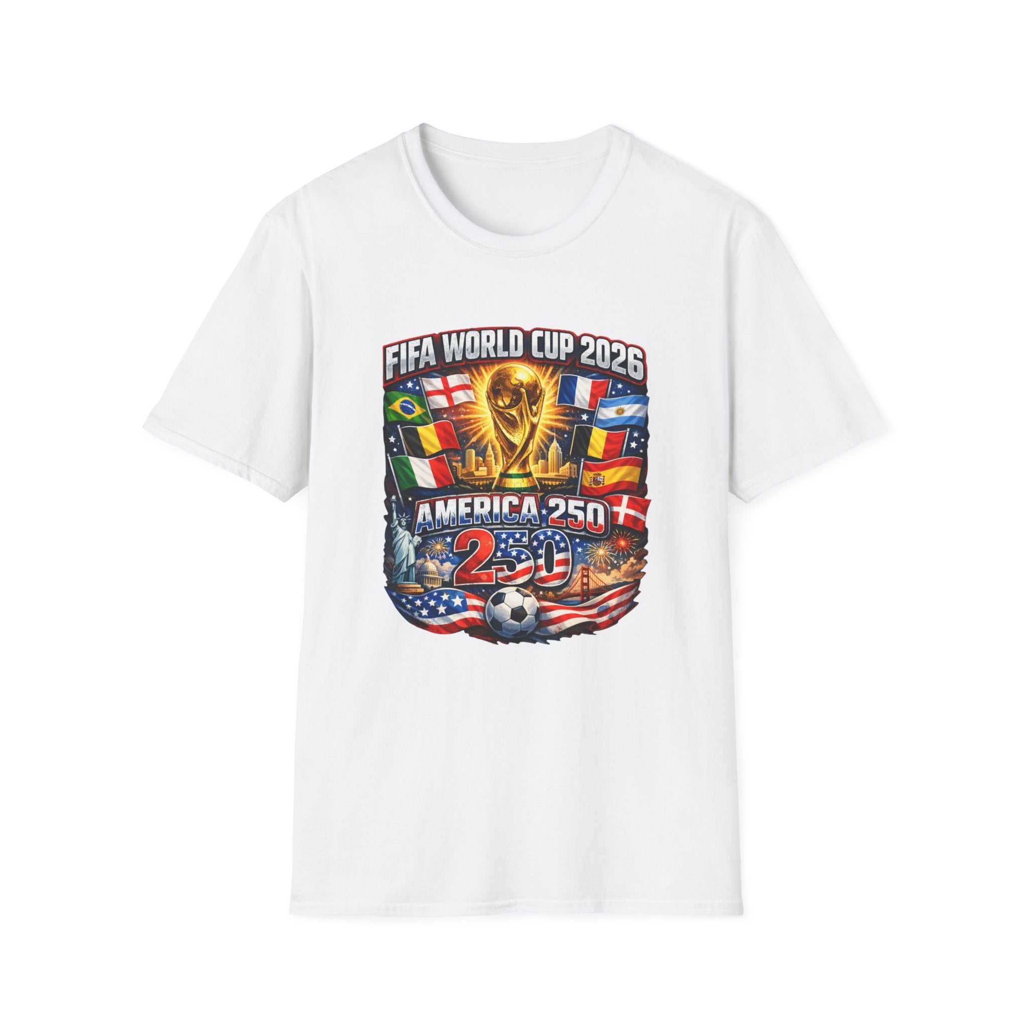 FIFA World Cup 2026 T-Shirt — America 250 Soccer Trophy & Flags Tee