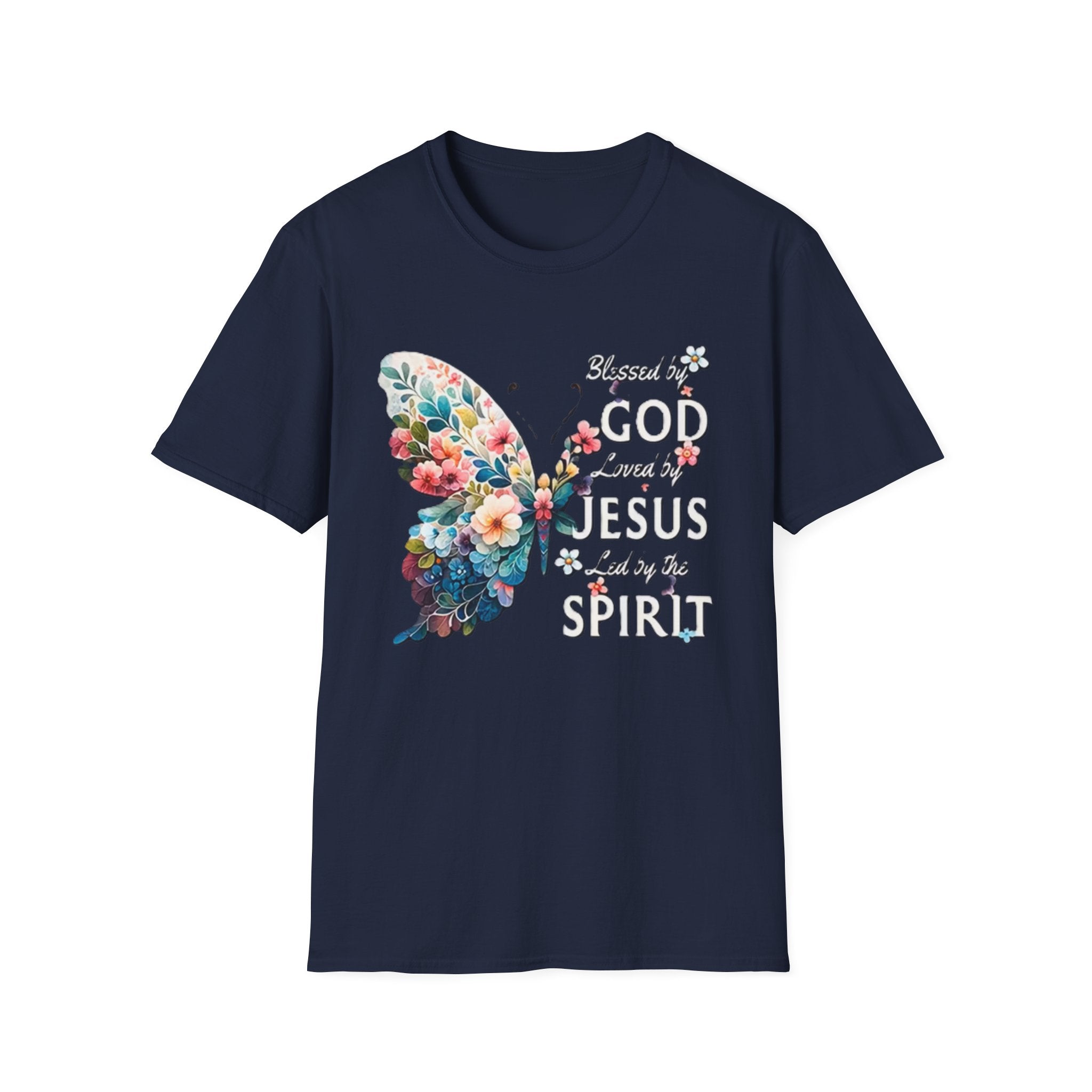 Faith Butterfly T-Shirt — "Blessed by God, Loved by Jesus, Led by the Spirit" Christian Floral Tee