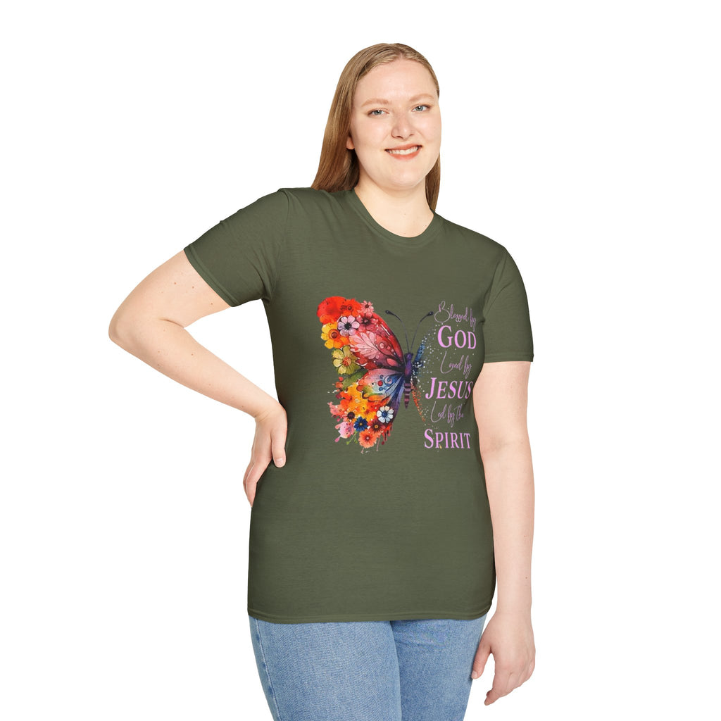 Butterfly Faith T-Shirt — 'Saved by God, Loved by Jesus & Led by the Spirit' Christian Tee