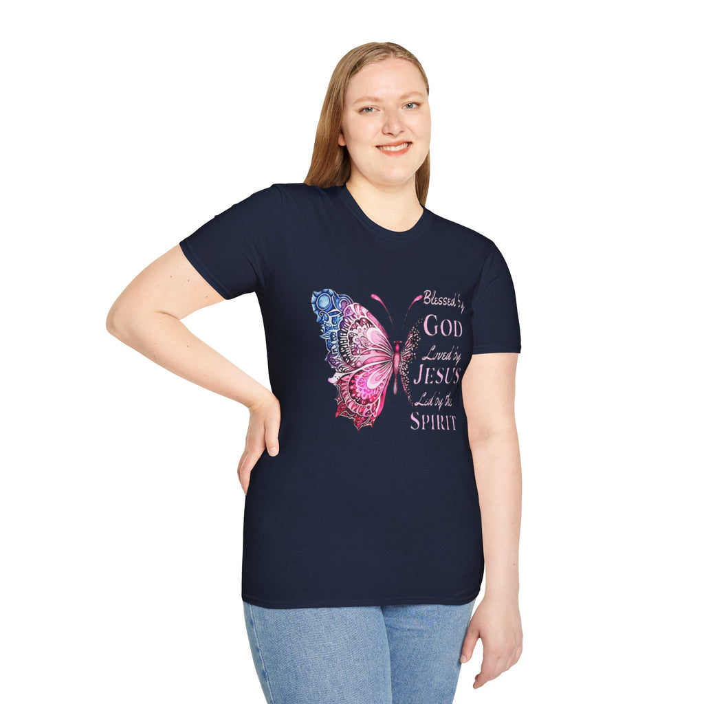 Christian Butterfly T-Shirt — Blessed by God, Loved by Jesus, Led by the Spirit
