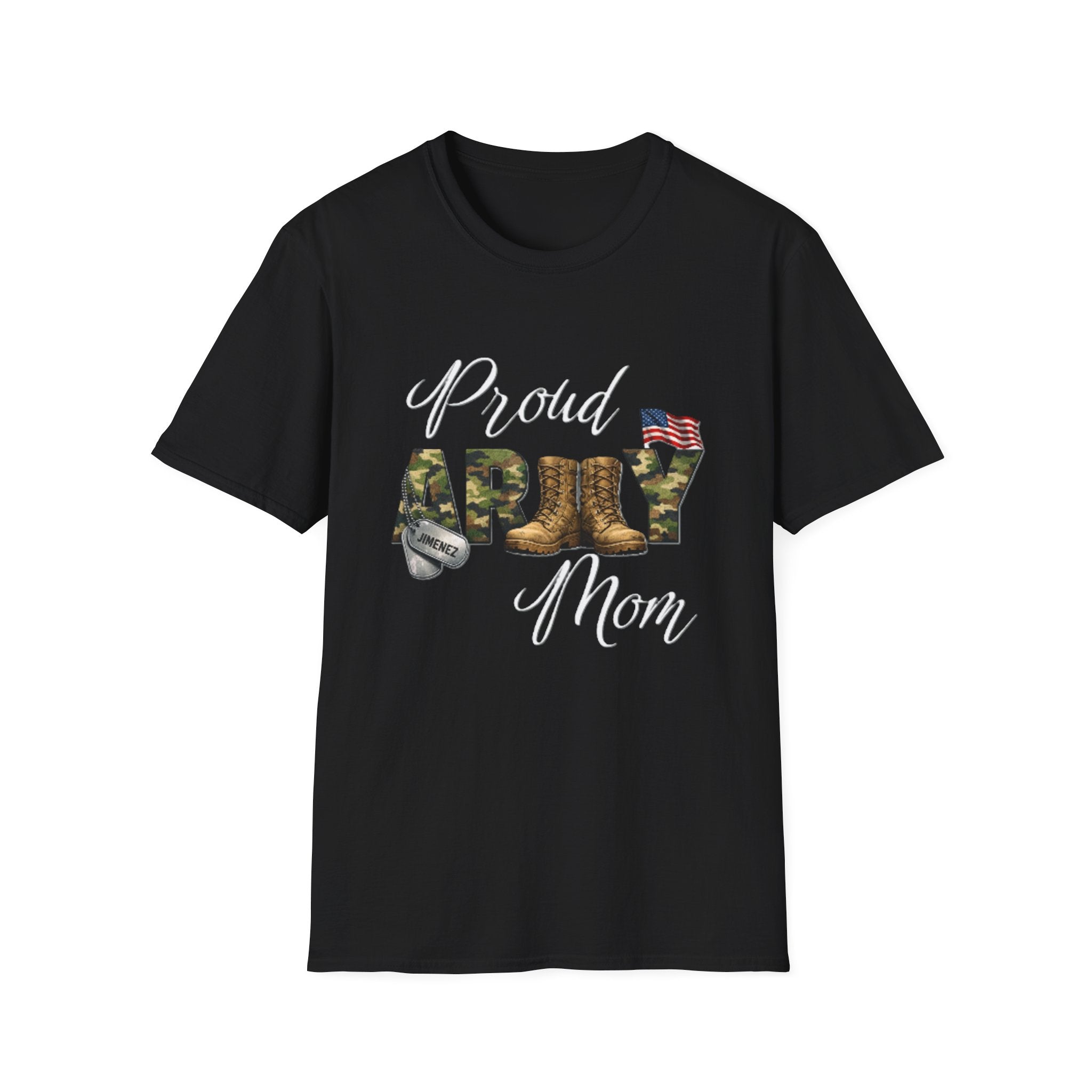 Proud Army Mom T-Shirt — Military Camouflage Boots & Flag Design