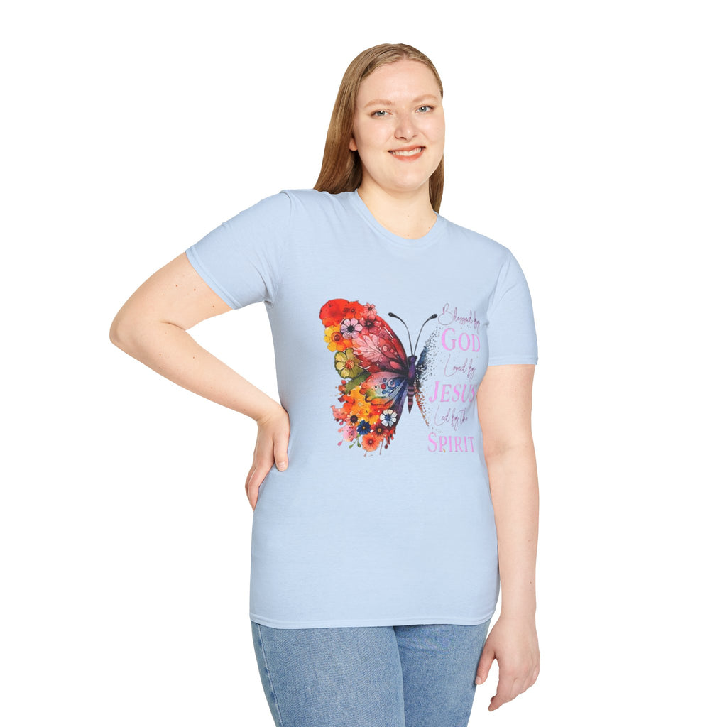 Butterfly Faith T-Shirt — 'Saved by God, Loved by Jesus & Led by the Spirit' Christian Tee