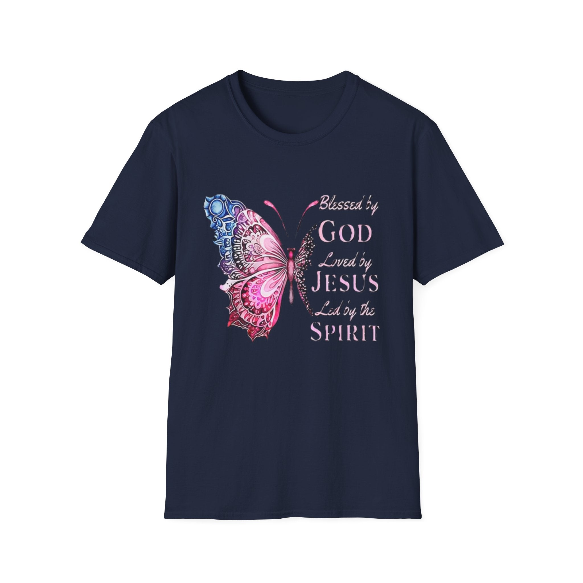 Christian Butterfly T-Shirt — Blessed by God, Loved by Jesus, Led by the Spirit