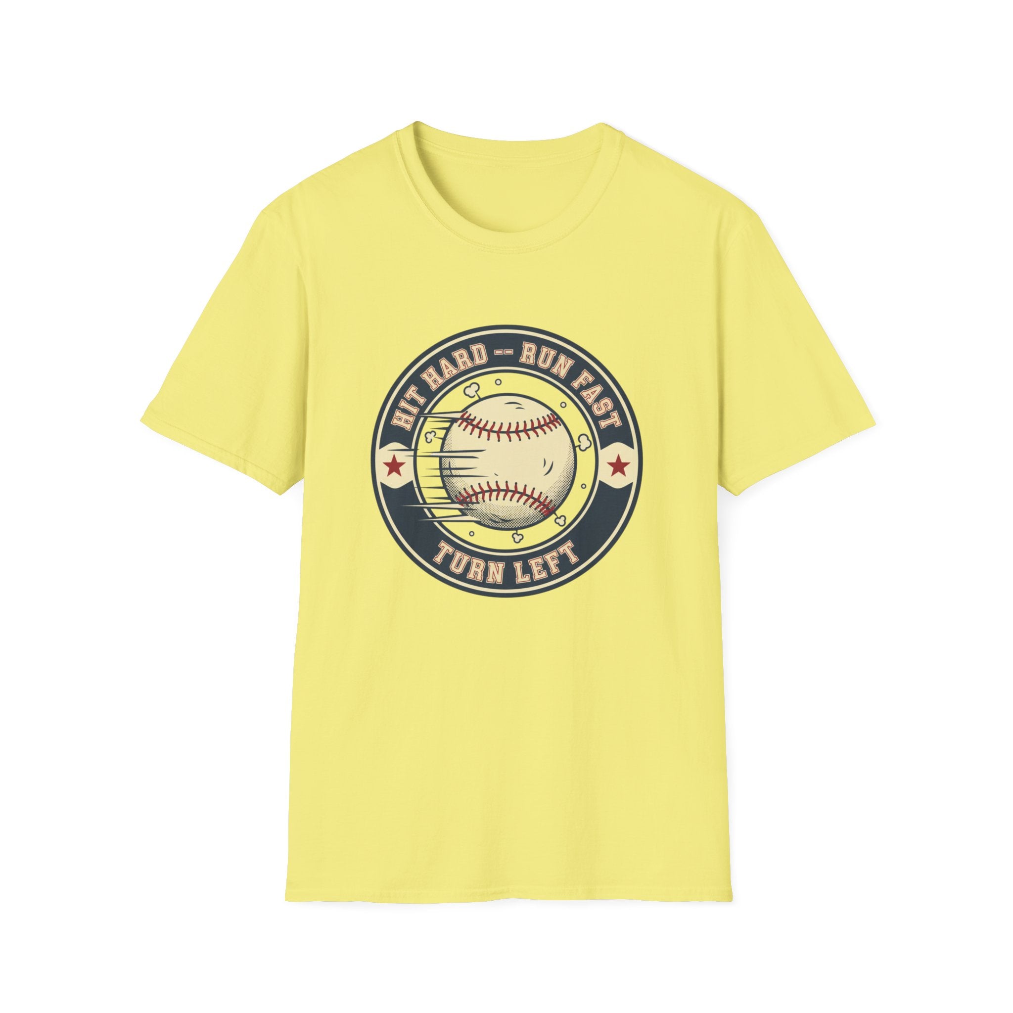 Baseball Tee — “Hit Hard • Run Fast • Turn Left” Vintage Softball Graphic Shirt