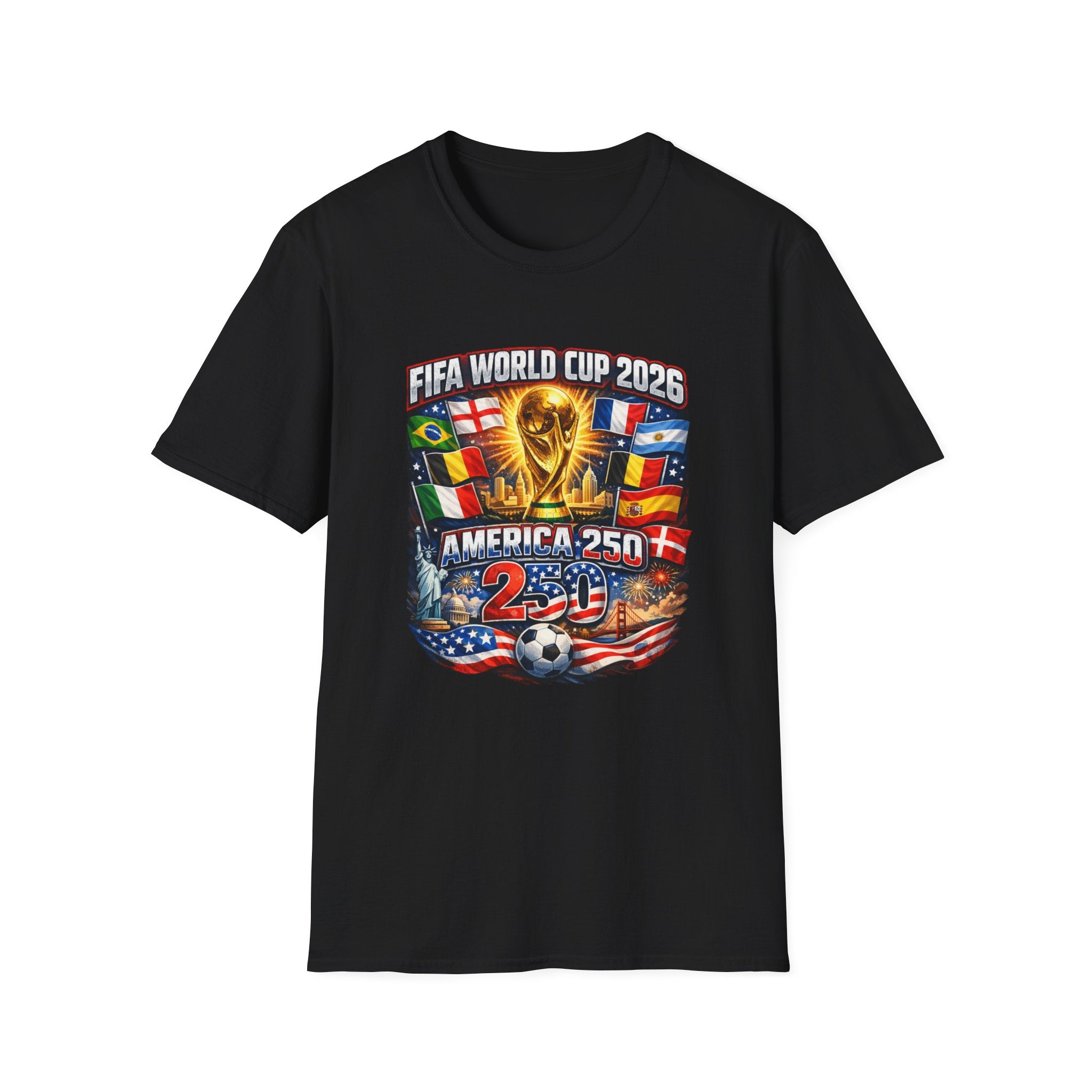 FIFA World Cup 2026 T-Shirt — America 250 Soccer Trophy & Flags Tee
