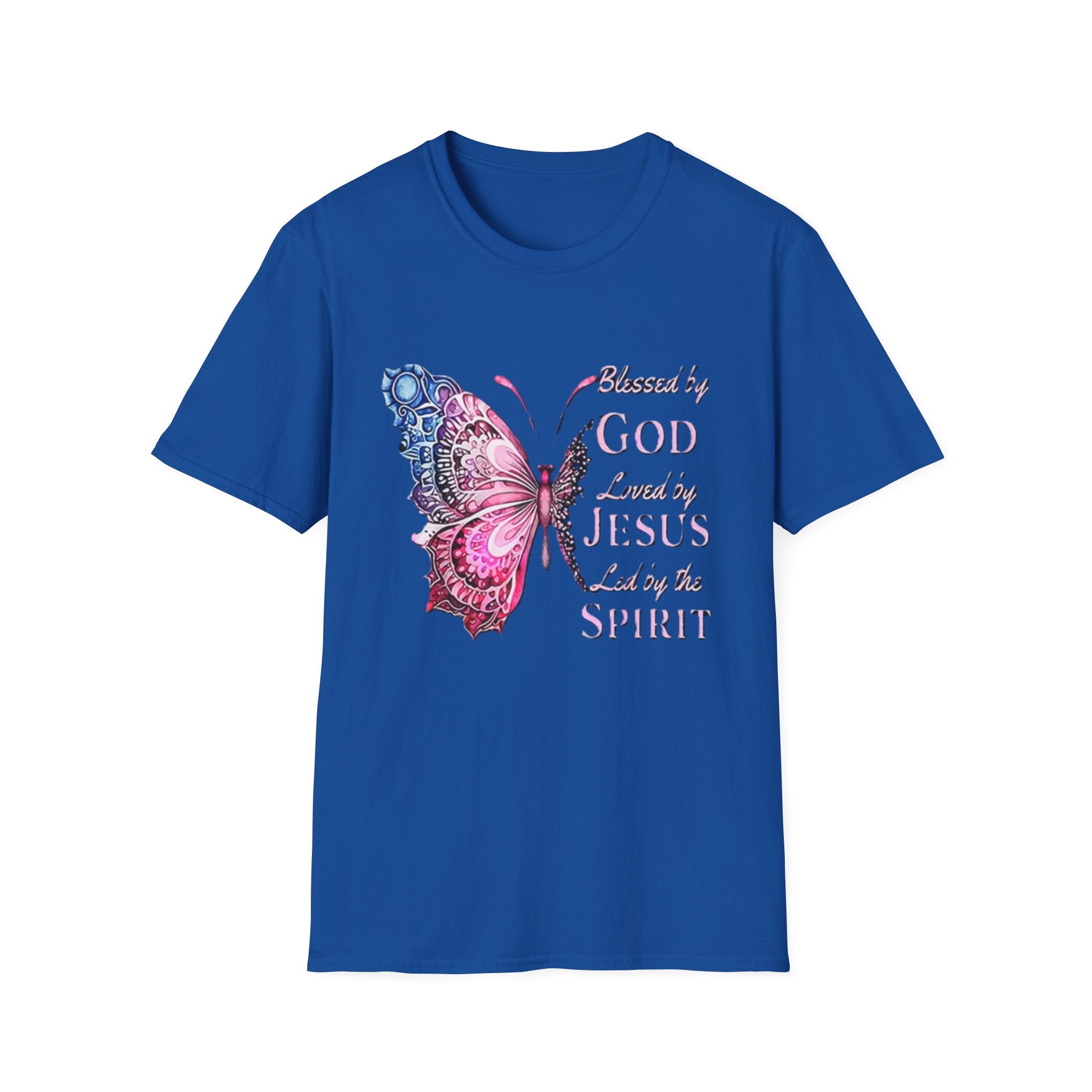 Christian Butterfly T-Shirt — Blessed by God, Loved by Jesus, Led by the Spirit