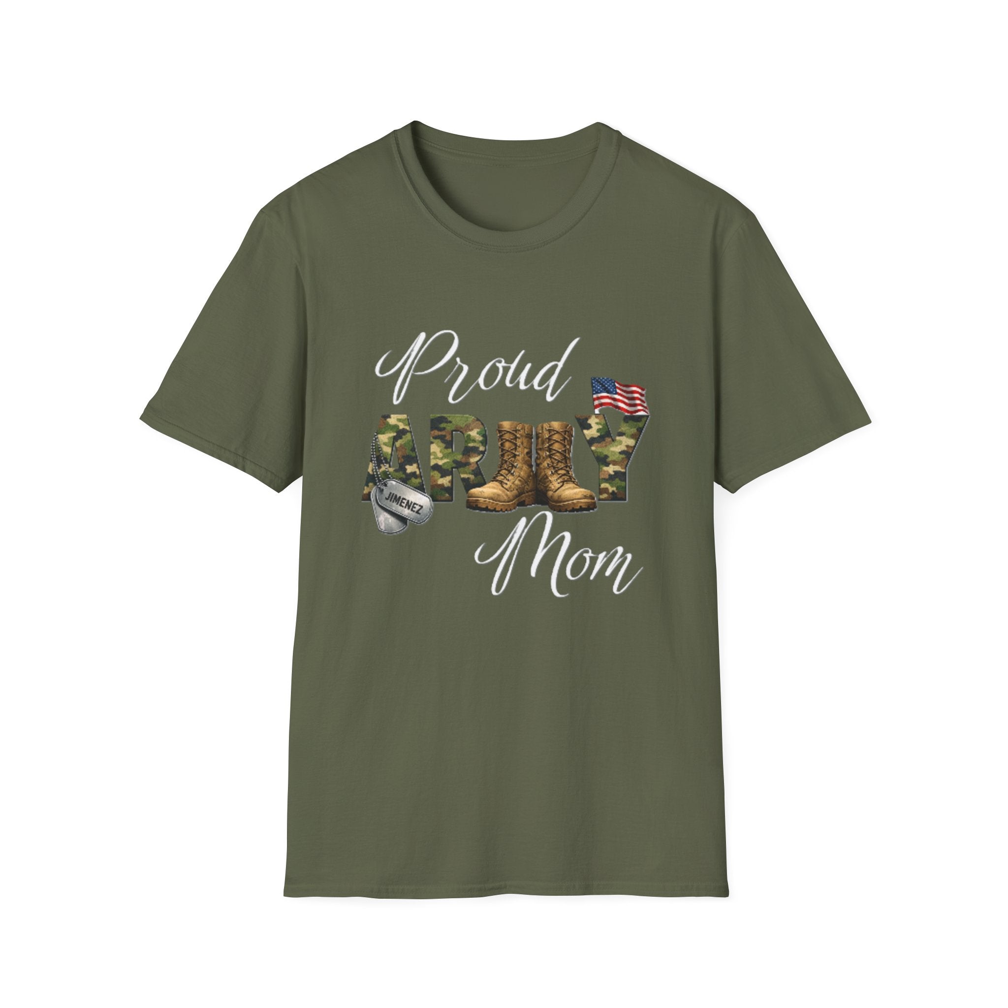 Proud Army Mom T-Shirt — Military Camouflage Boots & Flag Design