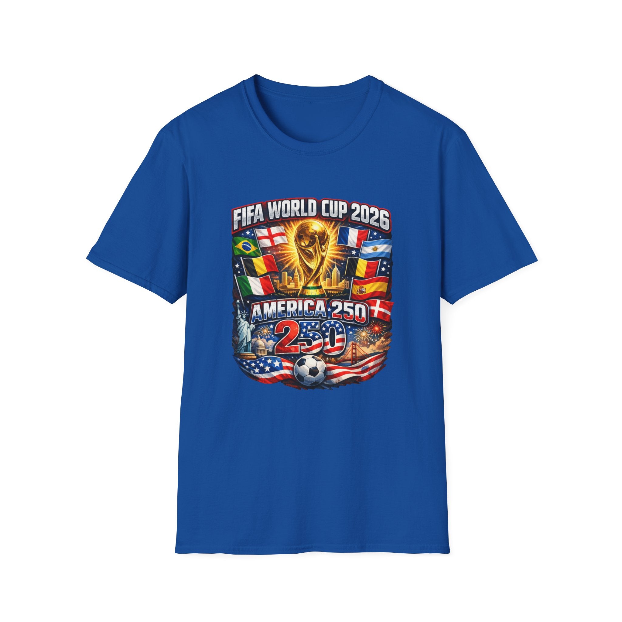 FIFA World Cup 2026 T-Shirt — America 250 Soccer Trophy & Flags Tee