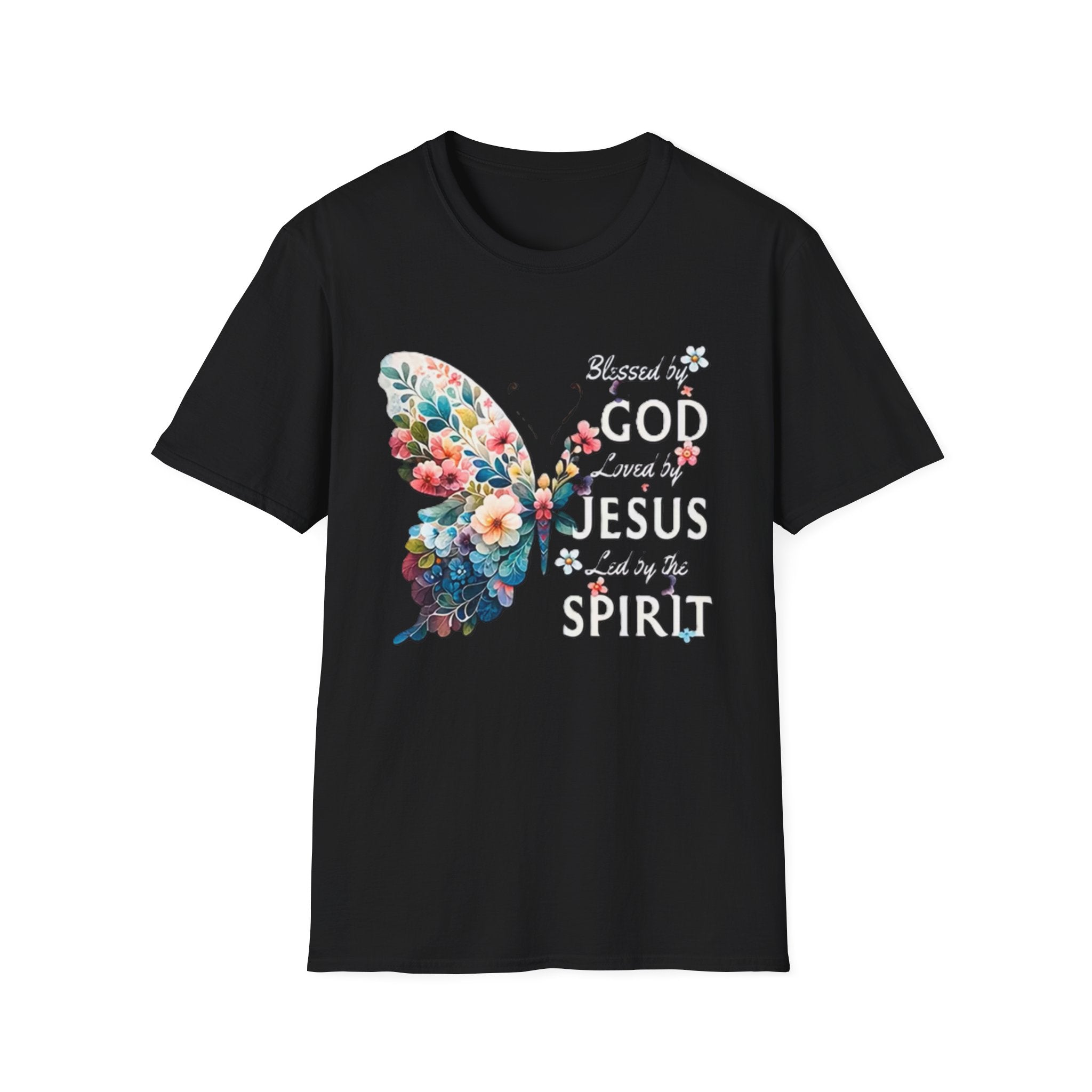 Faith Butterfly T-Shirt — "Blessed by God, Loved by Jesus, Led by the Spirit" Christian Floral Tee
