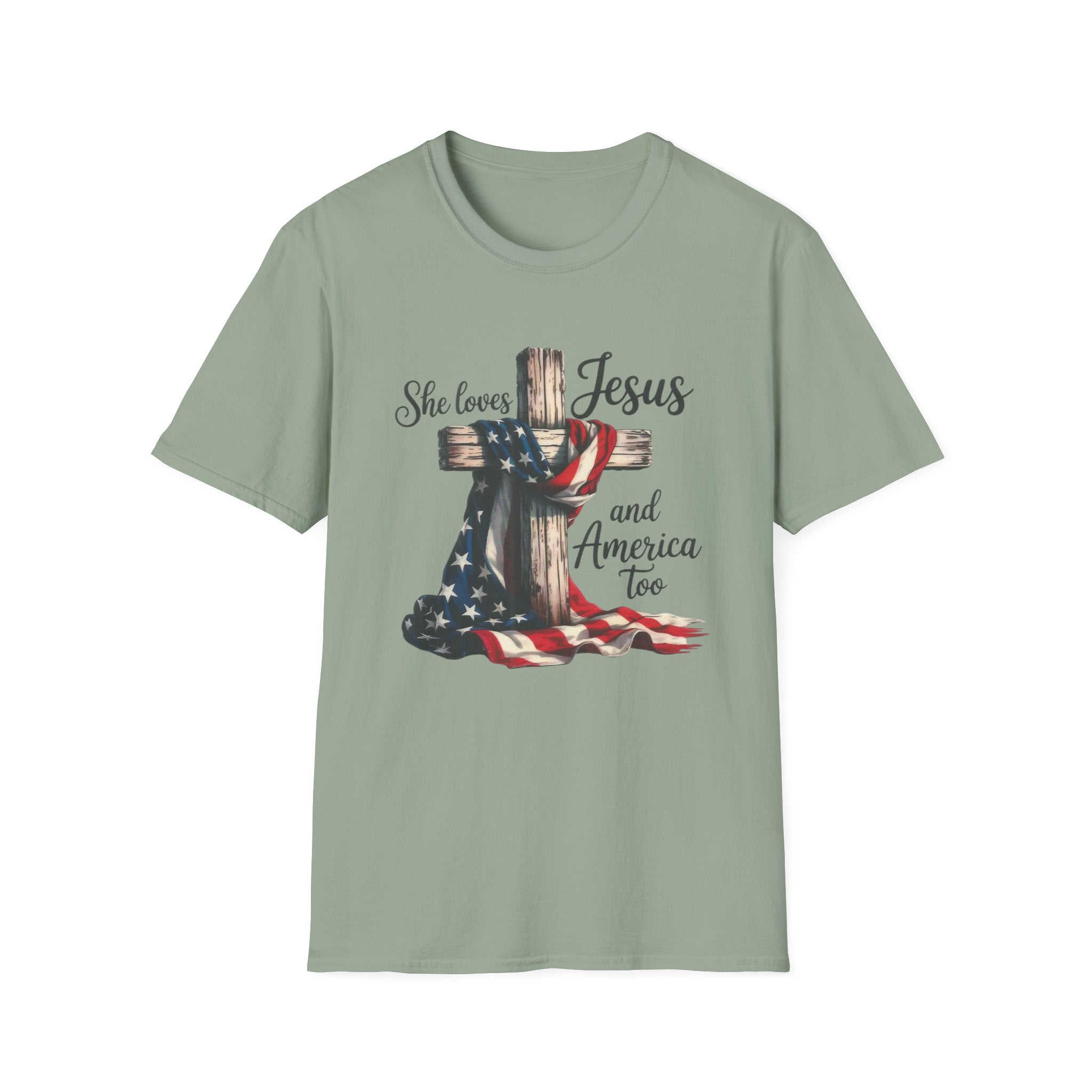 Jesus and America T-Shirt - 'She Loves Jesus and America Too' Patriotic Christian Tee