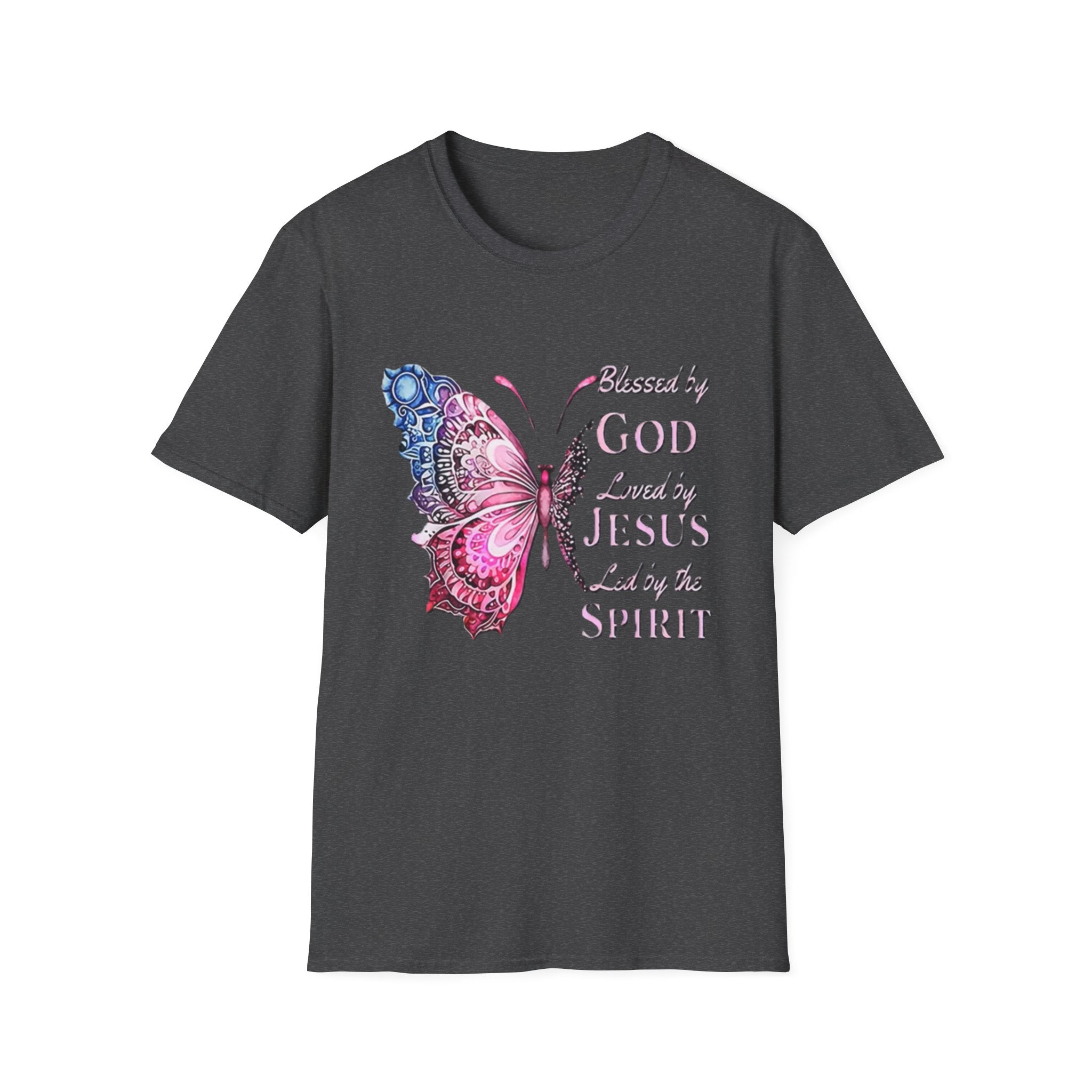 Christian Butterfly T-Shirt — Blessed by God, Loved by Jesus, Led by the Spirit