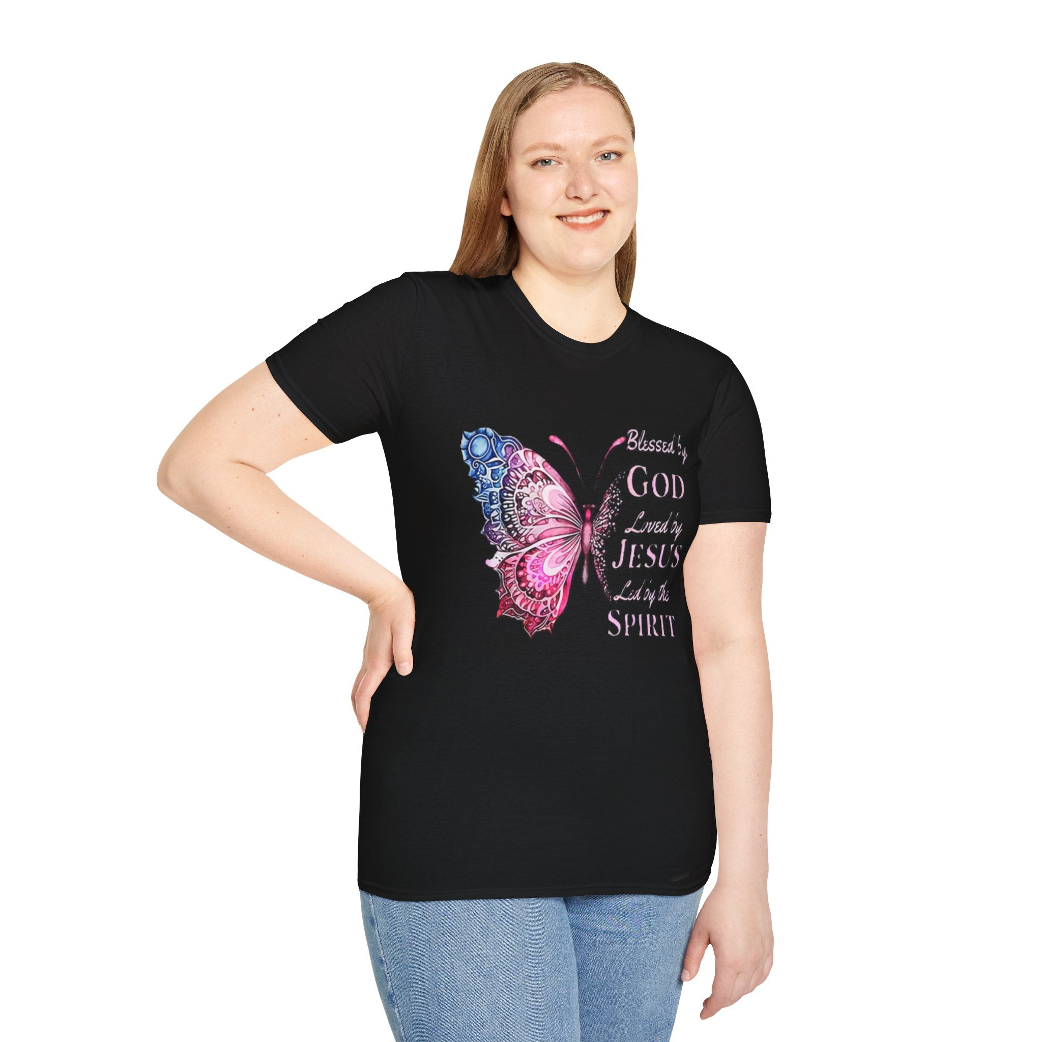 Christian Butterfly T-Shirt — Blessed by God, Loved by Jesus, Led by the Spirit