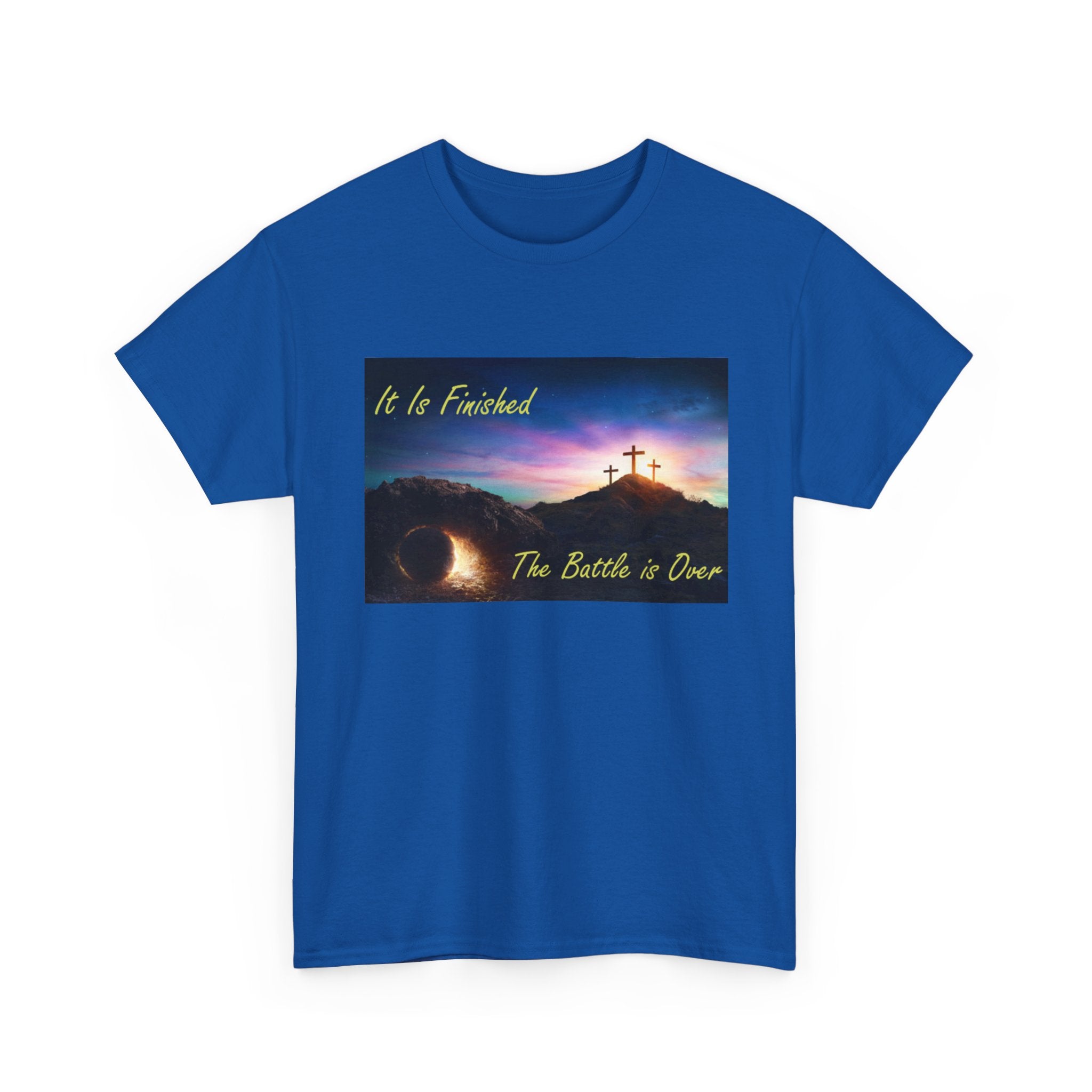 T-Shirt – 'It Is Finished / The Battle is Over' Christian Cross Sunset Tee