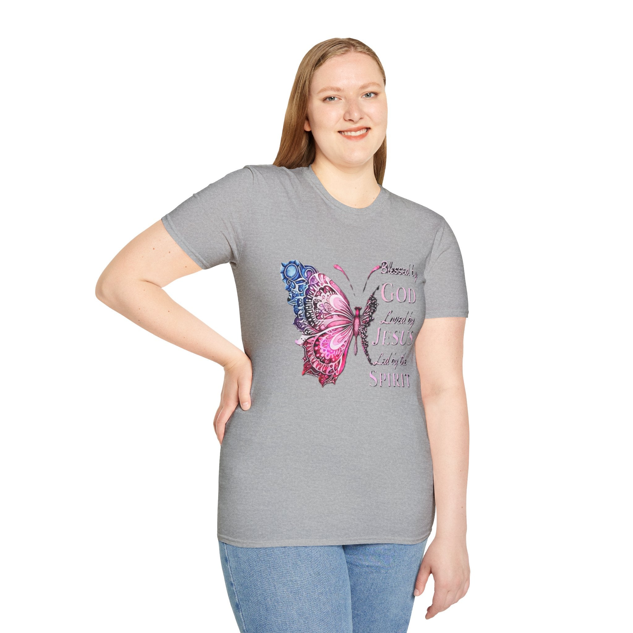 Christian Butterfly T-Shirt — Blessed by God, Loved by Jesus, Led by the Spirit