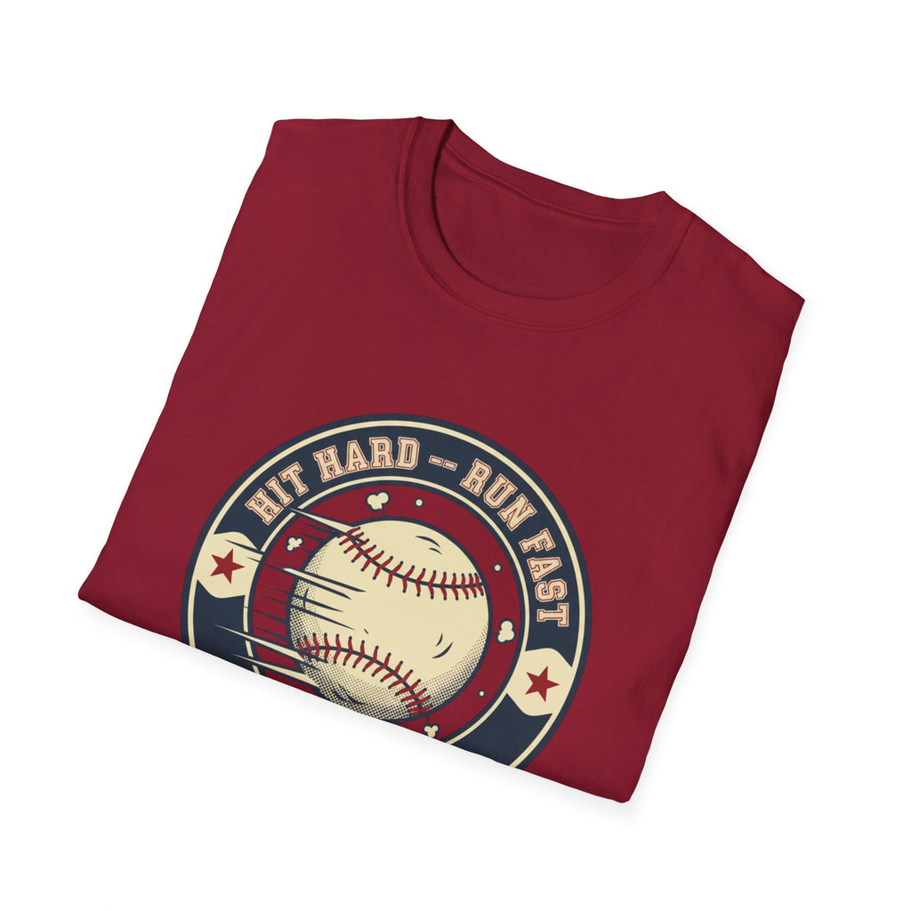 Baseball Tee — “Hit Hard • Run Fast • Turn Left” Vintage Softball Graphic Shirt