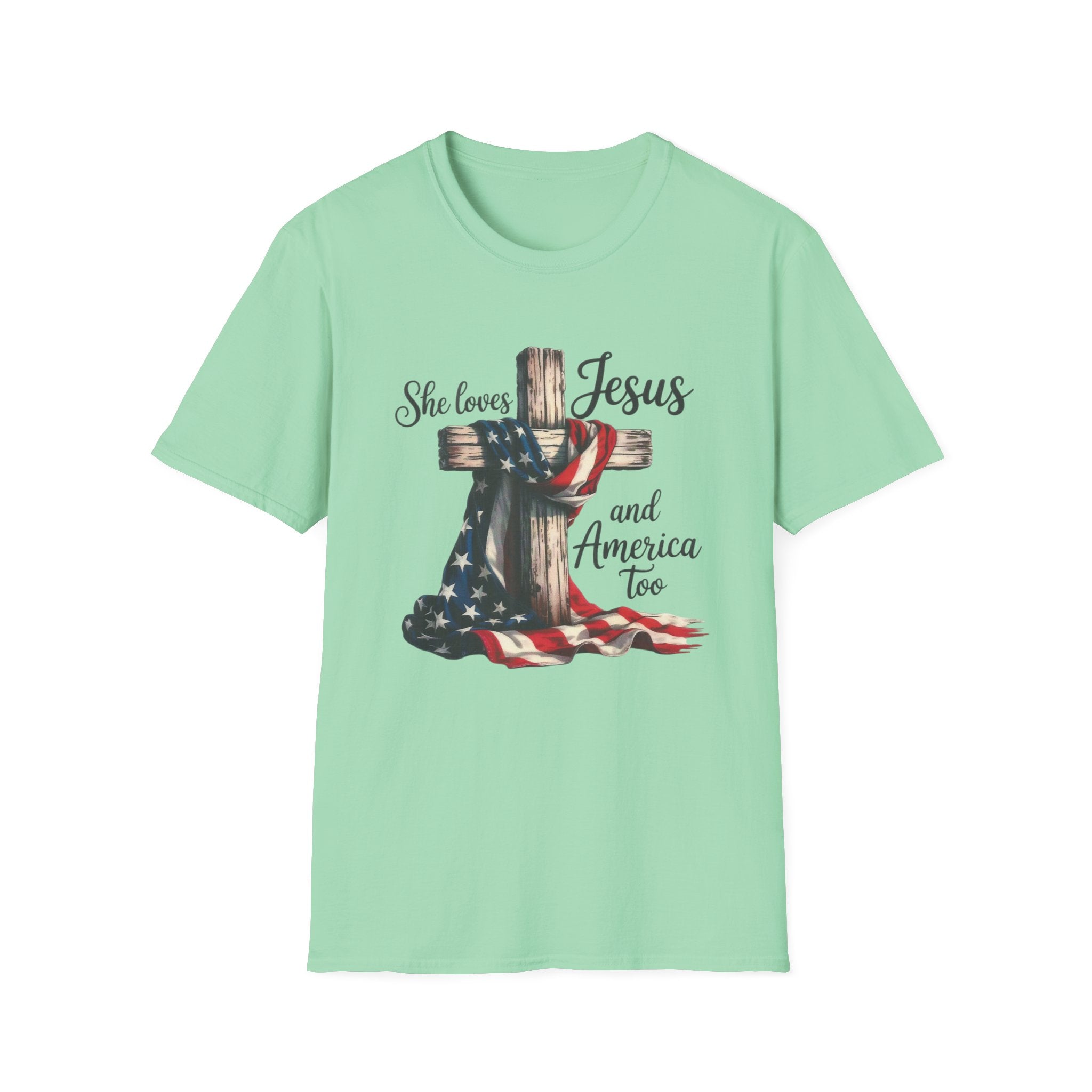 Jesus and America T-Shirt - 'She Loves Jesus and America Too' Patriotic Christian Tee