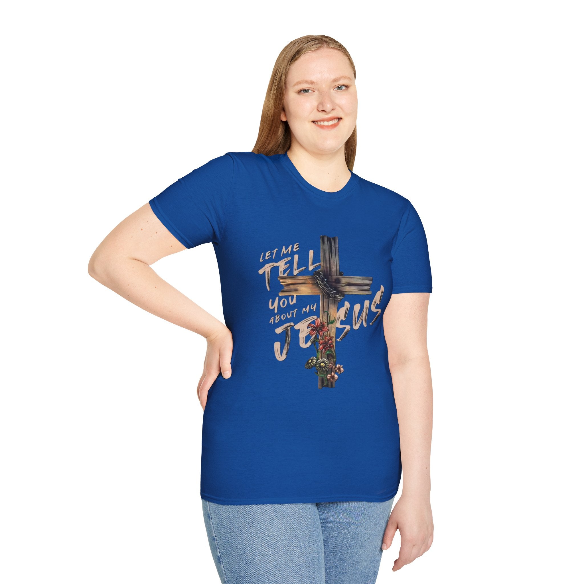 T-Shirt — "Let Me Tell You About My Jesus" Cross Floral Christian Tee