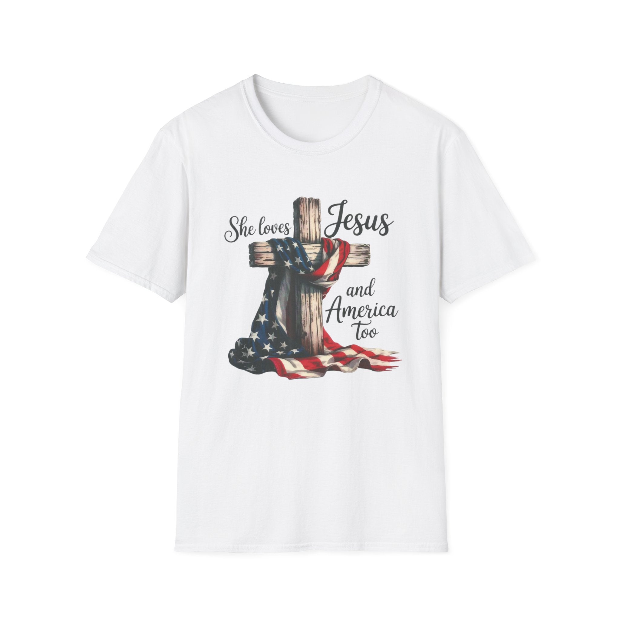 Jesus and America T-Shirt - 'She Loves Jesus and America Too' Patriotic Christian Tee