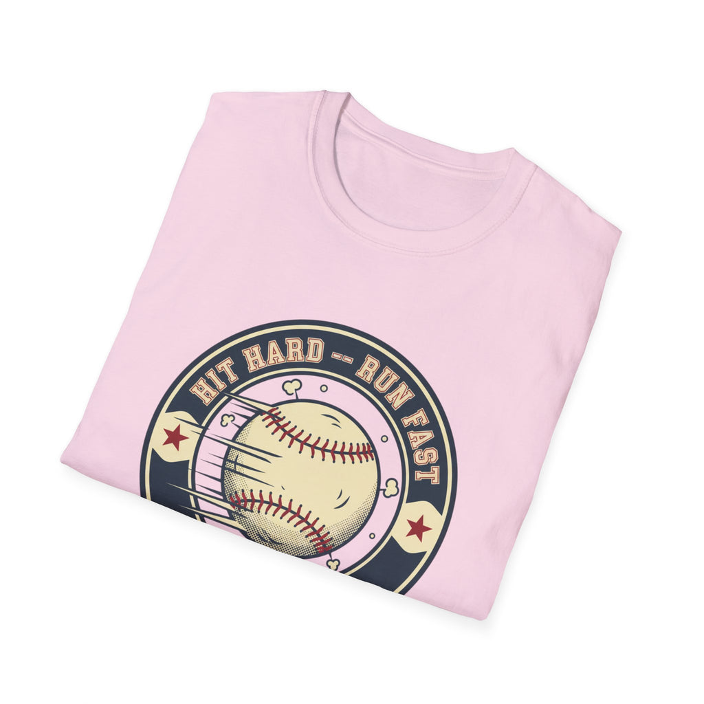 Baseball Tee — “Hit Hard • Run Fast • Turn Left” Vintage Softball Graphic Shirt