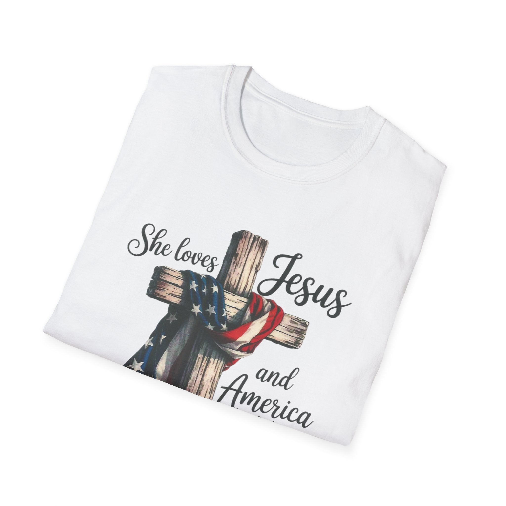 Jesus and America T-Shirt - 'She Loves Jesus and America Too' Patriotic Christian Tee