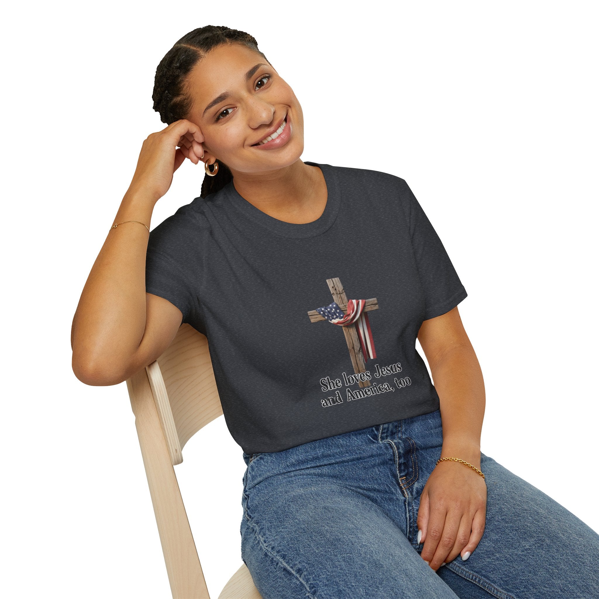 Christian Patriotic T-Shirt - "She loves Jesus and America, too" Cross Design
