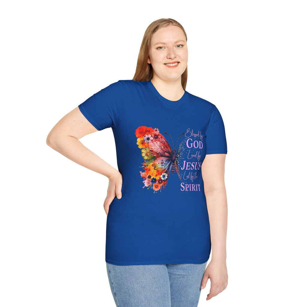 Butterfly Faith T-Shirt — 'Saved by God, Loved by Jesus & Led by the Spirit' Christian Tee