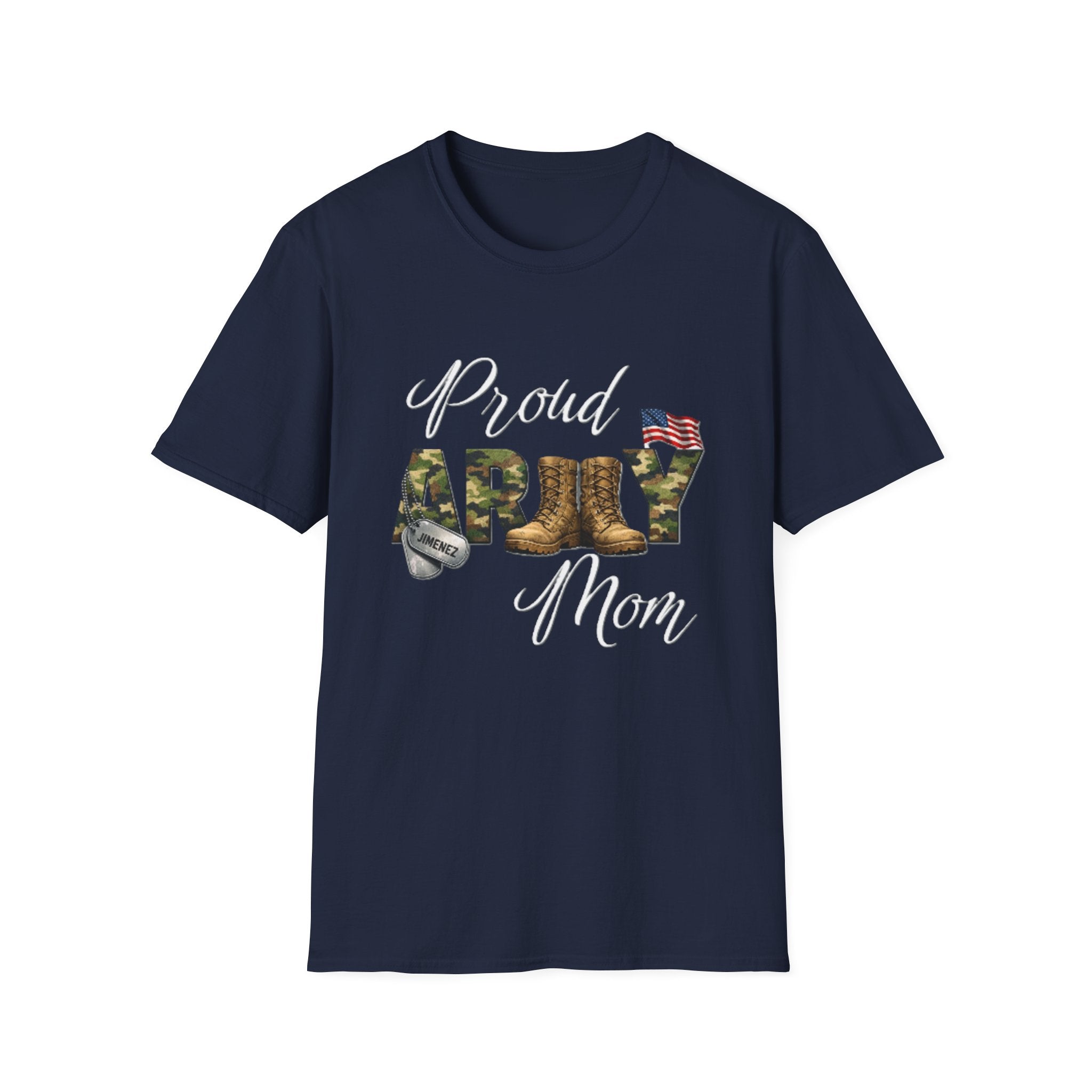 Proud Army Mom T-Shirt — Military Camouflage Boots & Flag Design