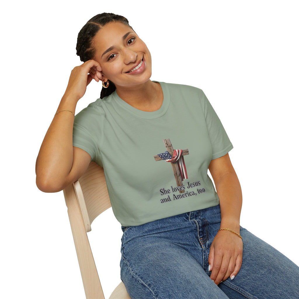 Christian Patriotic T-Shirt - "She loves Jesus and America, too" Cross Design