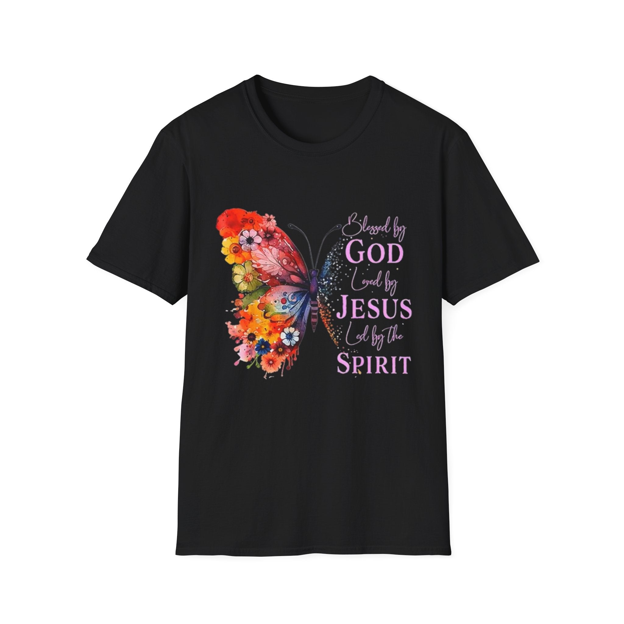 Butterfly Faith T-Shirt — 'Saved by God, Loved by Jesus & Led by the Spirit' Christian Tee