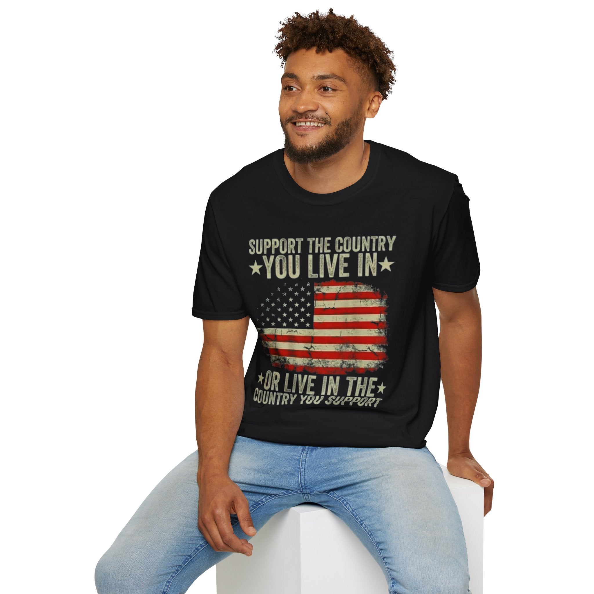 Patriotic T-Shirt – "Support the Country You Live In or Live in the Country You Support" Vintage American Flag
