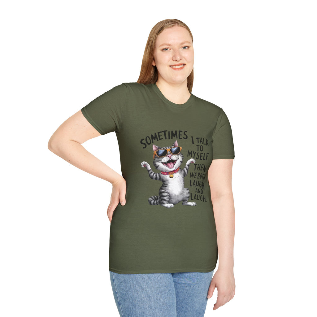 Funny Cat T-Shirt — "Sometimes I Talk To Myself, Then We Both Laugh" Graphic Tee