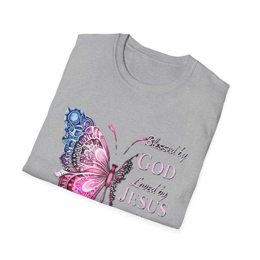 Christian Butterfly T-Shirt — Blessed by God, Loved by Jesus, Led by the Spirit