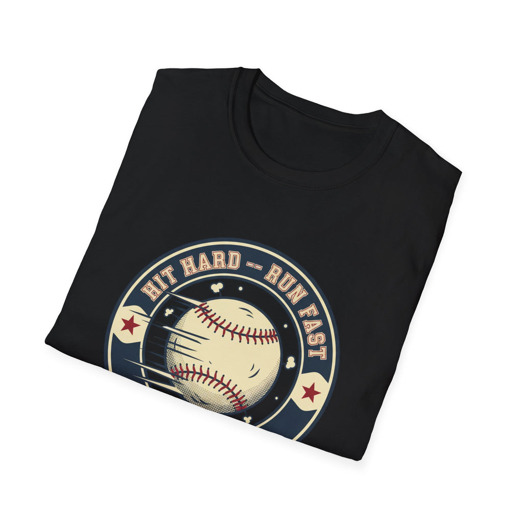 Baseball Tee — “Hit Hard • Run Fast • Turn Left” Vintage Softball Graphic Shirt