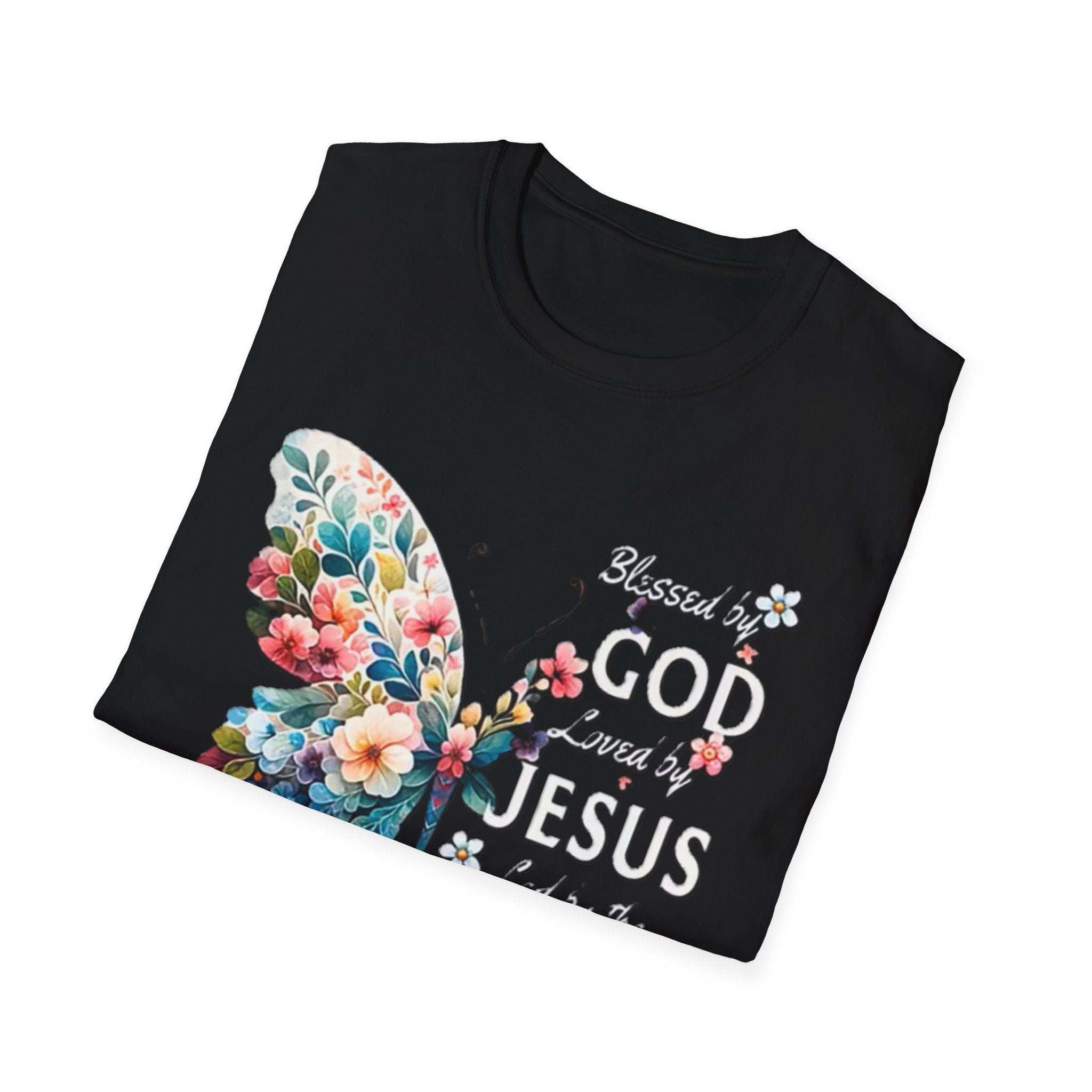 Faith Butterfly T-Shirt — "Blessed by God, Loved by Jesus, Led by the Spirit" Christian Floral Tee