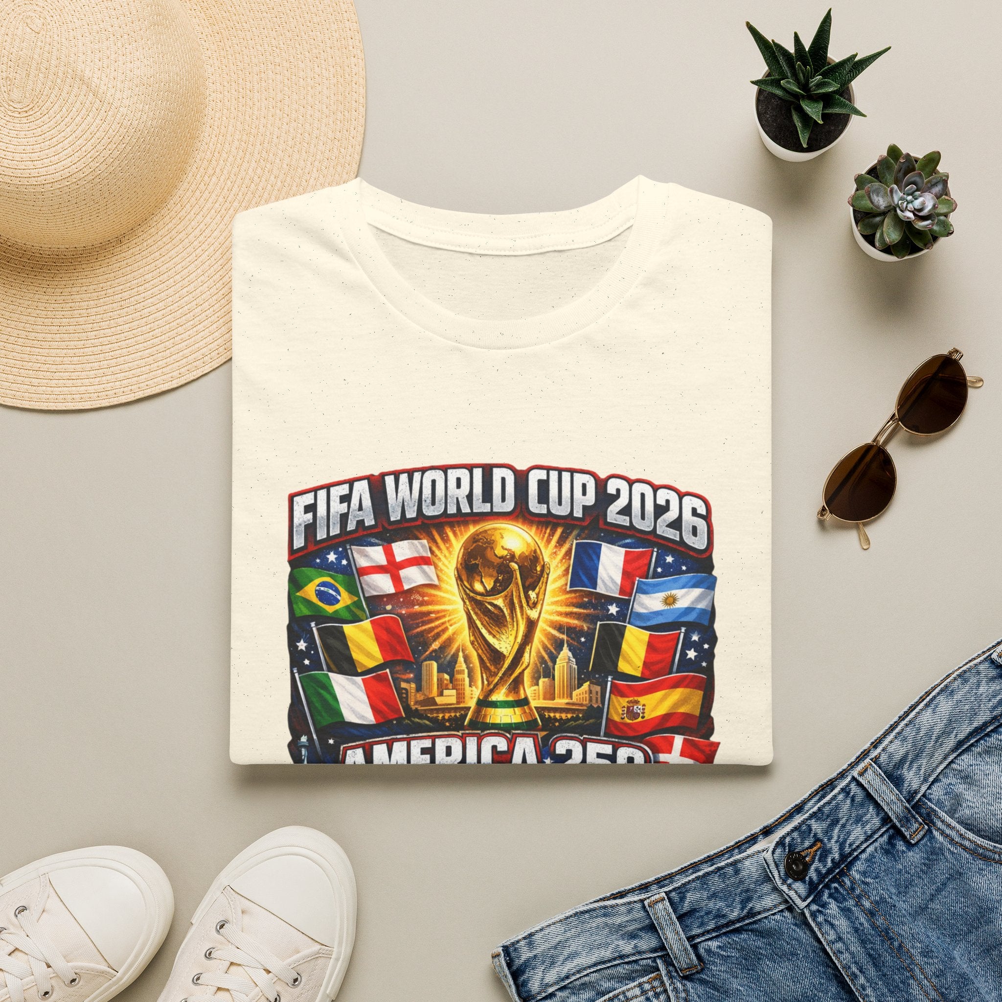 FIFA World Cup 2026 T-Shirt — America 250 Soccer Trophy & Flags Tee
