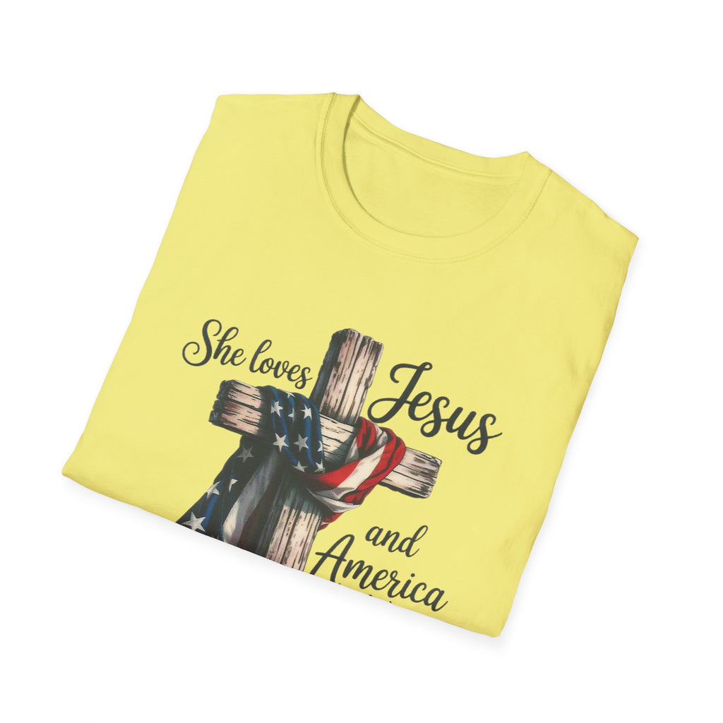 Jesus and America T-Shirt - 'She Loves Jesus and America Too' Patriotic Christian Tee