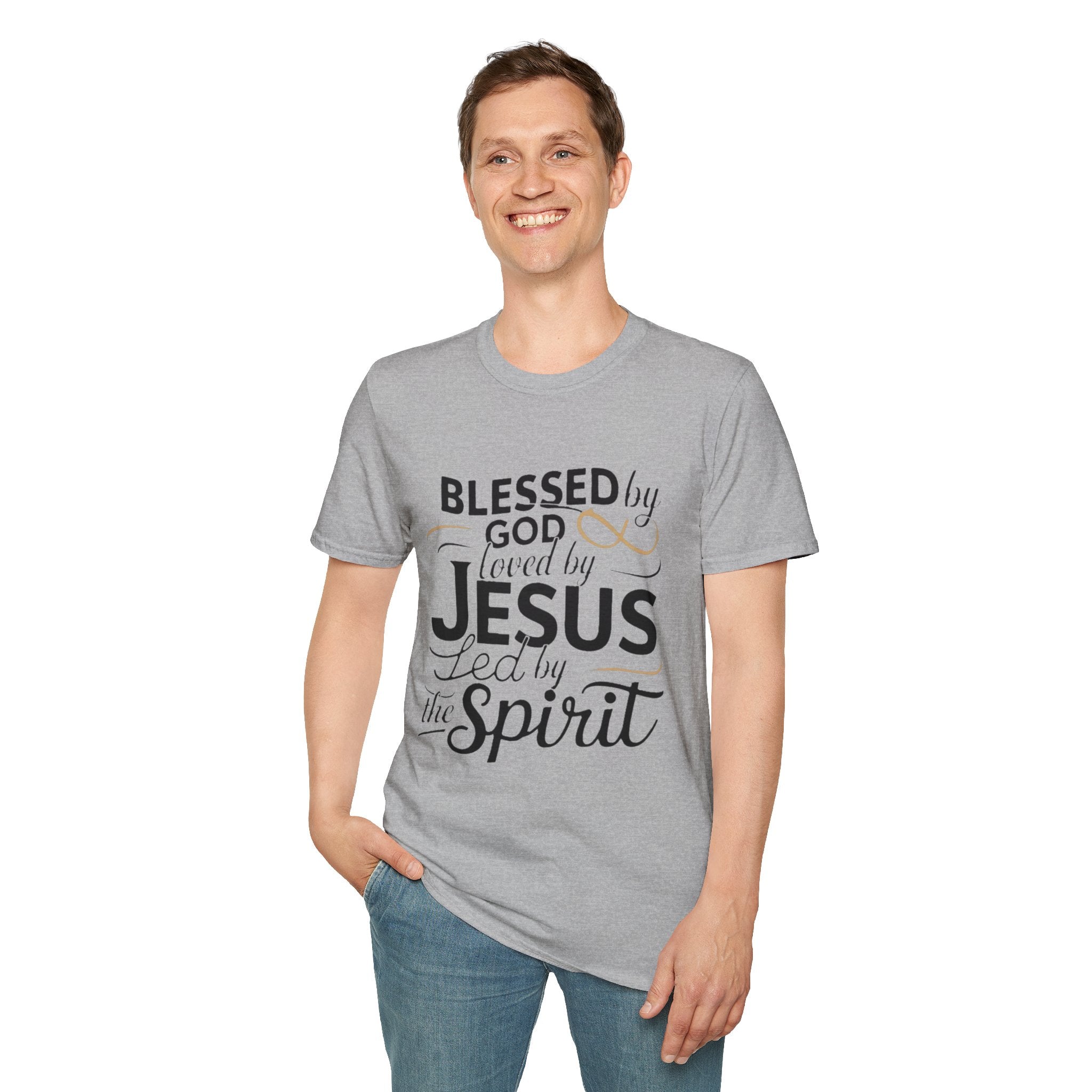 Jesus Blessed by God Faith T-Shirt — "Blessed by God, Loved by Jesus, Led by the Spirit" Christian Tee