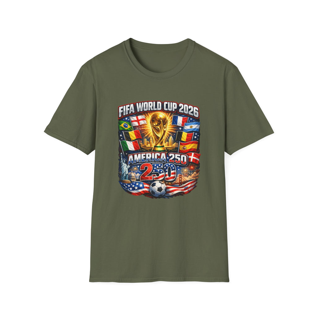 FIFA World Cup 2026 T-Shirt — America 250 Soccer Trophy & Flags Tee