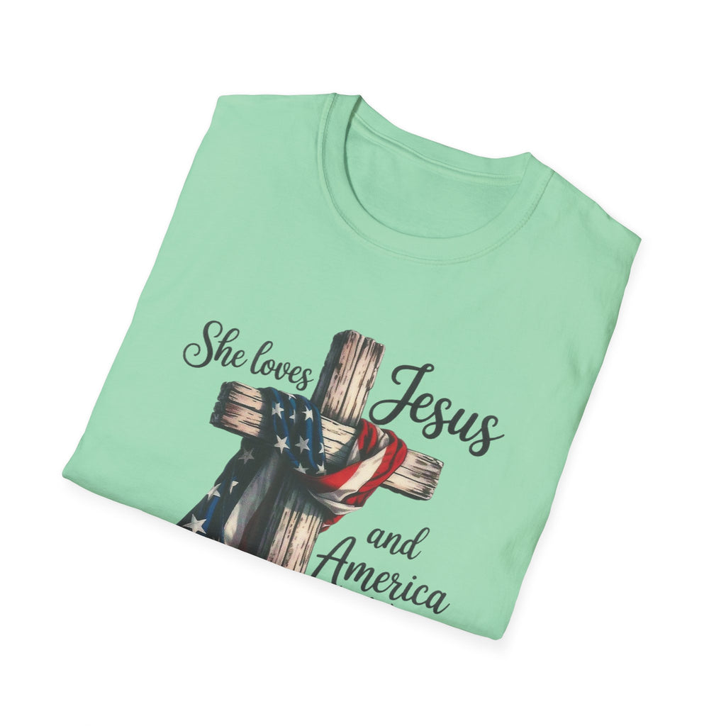 Jesus and America T-Shirt - 'She Loves Jesus and America Too' Patriotic Christian Tee