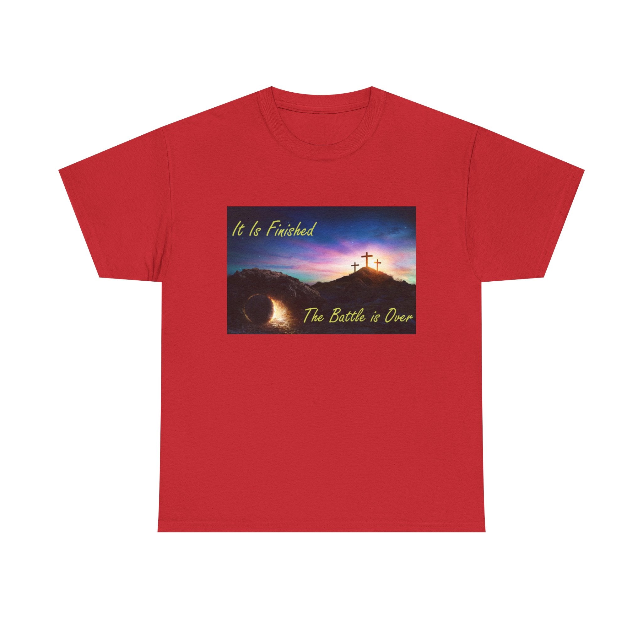T-Shirt – 'It Is Finished / The Battle is Over' Christian Cross Sunset Tee
