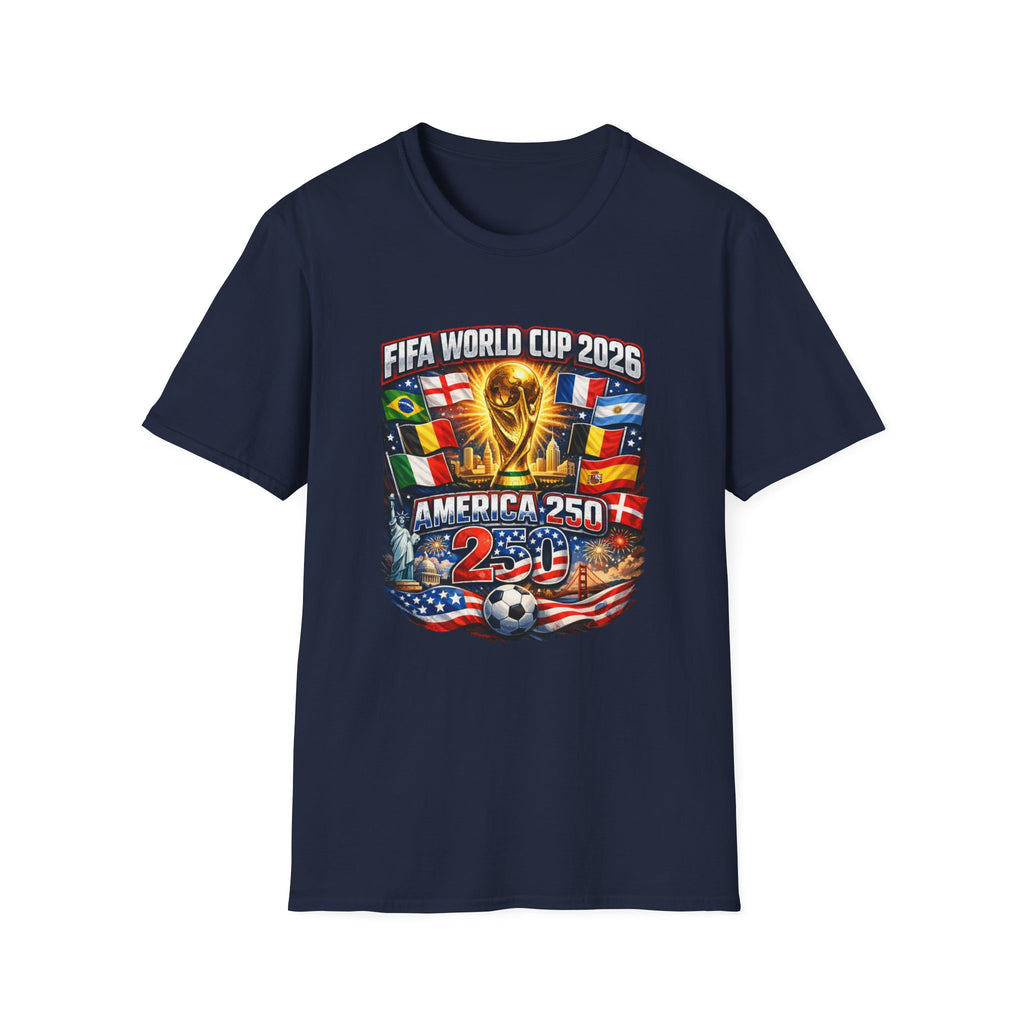 FIFA World Cup 2026 T-Shirt — America 250 Soccer Trophy & Flags Tee